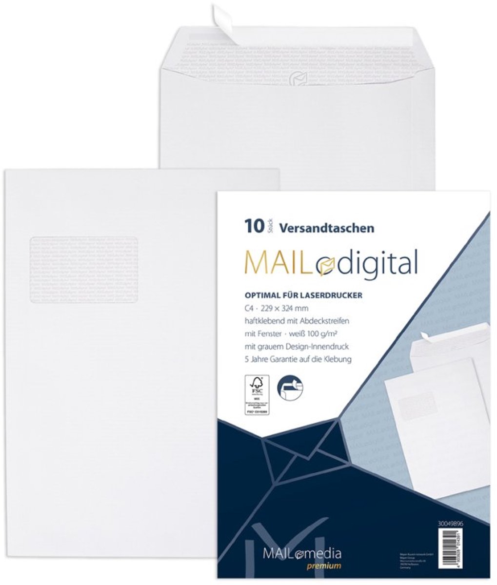 MAILmedia enveloppen MAILdigital C4, wit, venster links, 10 stuks