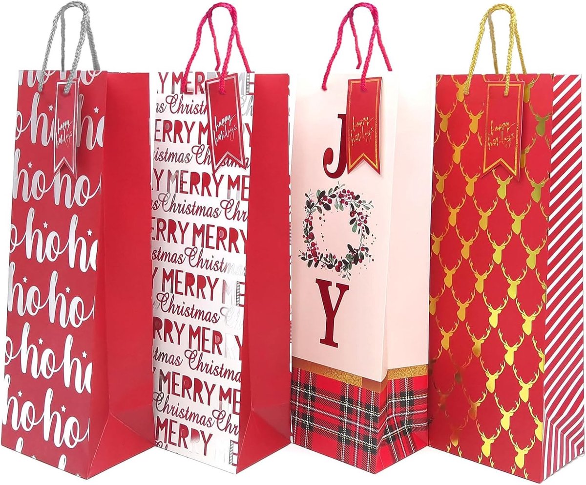 12 Stuks Kerst Wijnfles Tassen van Kraft Papier, Cadeautassen voor Wijn, Champagne en Sterke Dranken, Perfect voor Feestdecoratie en Kerstcadeaus