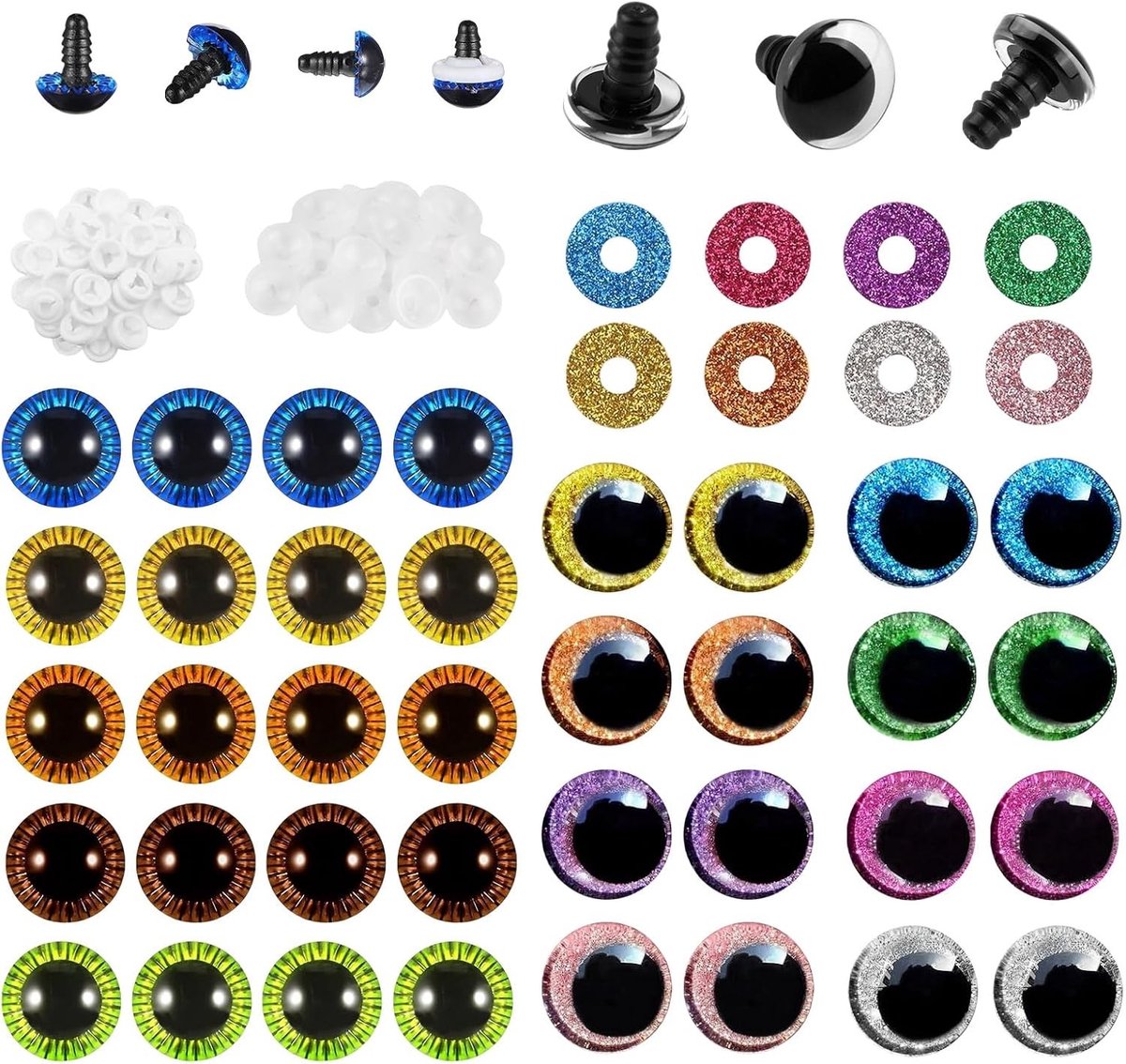 36 Stuks Veiligheidsogen voor Haakdieren, 3D Glitter Ogen voor Amigurumi, 15 mm en 18 mm Kleurige Ogen voor Gehaakte Knuffels en Poppen