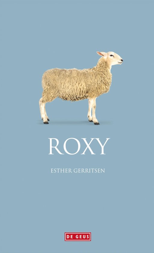 Een schaap met een wollige vacht staat op een lichtblauwe achtergrond. Boven het schaap staat 'ROXY' in grote witte letters, met daaronder 'ESTHER GERRITSEN'.