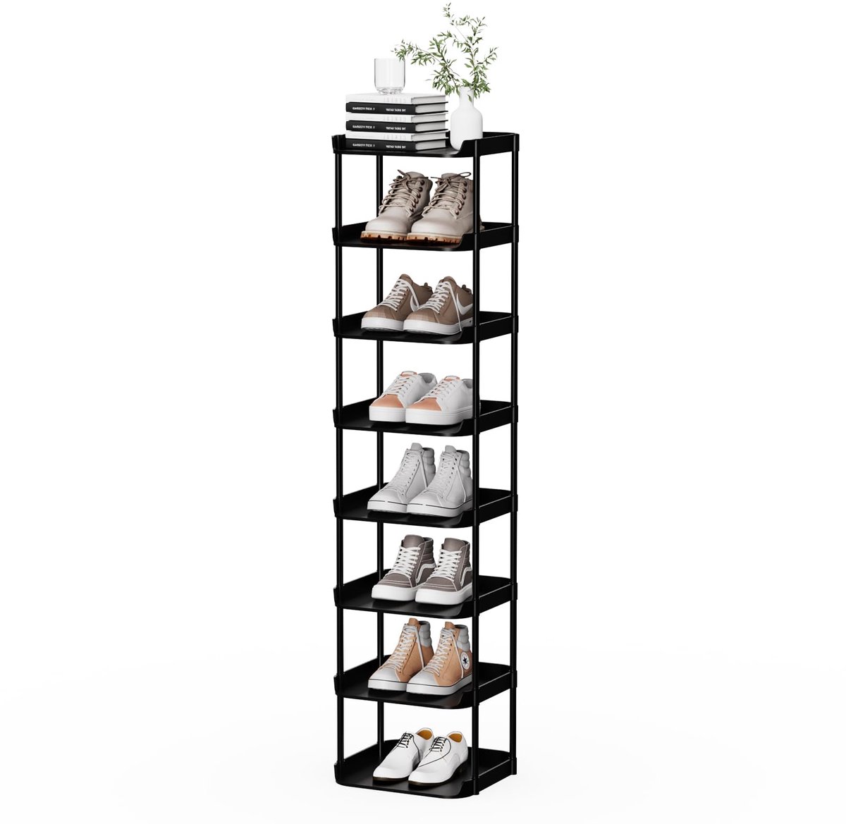 SnelShoppen - 8-laags smal schoenenopbergrek, compacte enkele schoenstandaard, stapelbare hoge dunne showtoren, massief kunststof planken voor gangen,