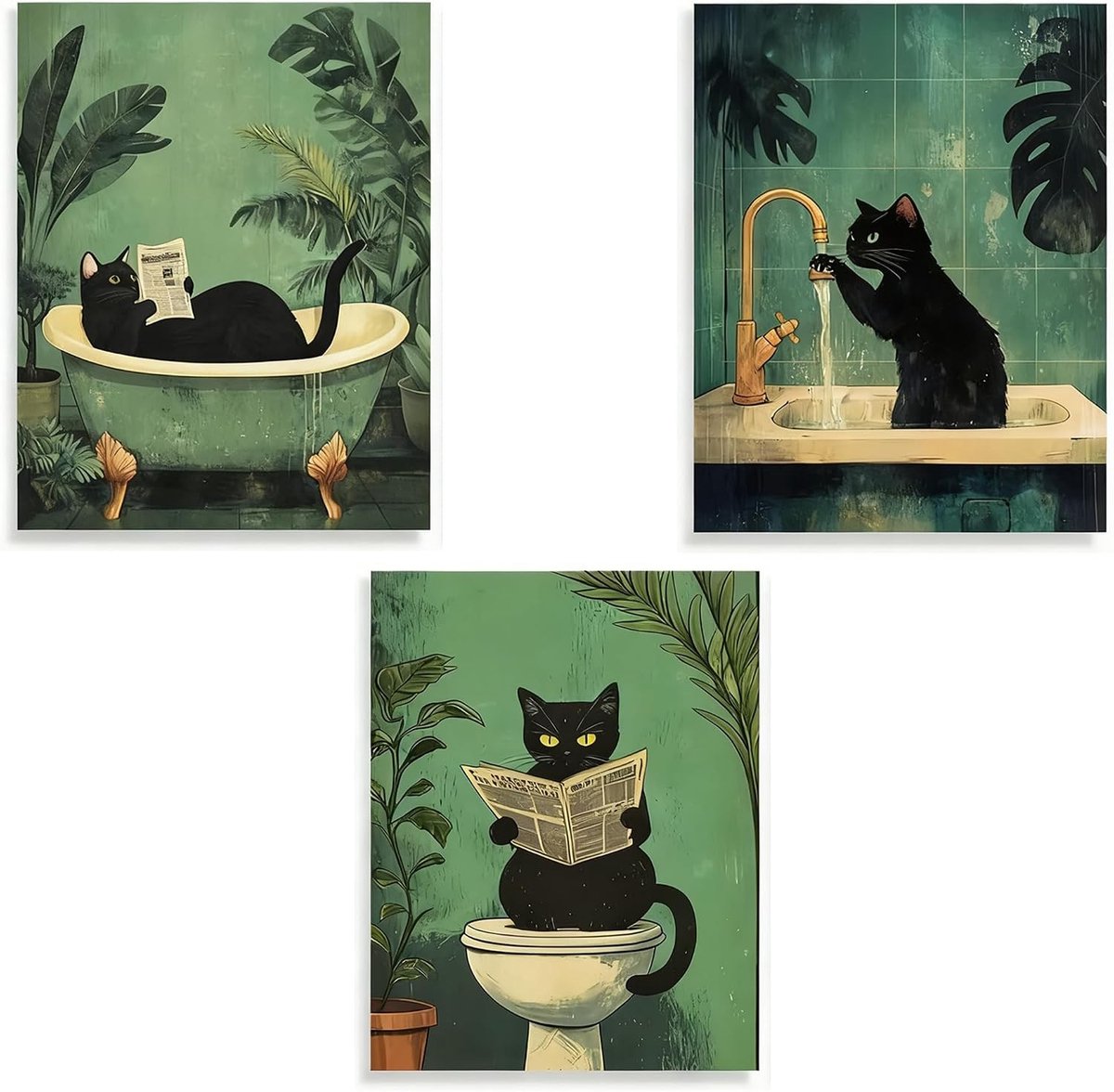 3 Stuks Grappige Kat Badkamer Wanddecoratie, Zwarte Kat Muurprint voor Toilet en Badkamer, 20x30cm Zonder Lijst, Unieke Decoratie Ideeën