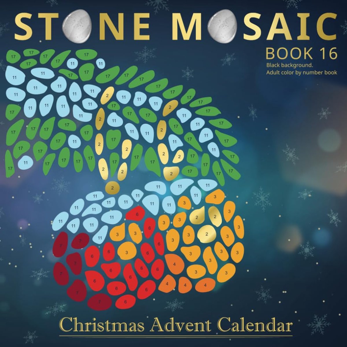 STONE MOSAIC. Book 16. Christmas Advent Calendar. Black background. Adult color by number book: Christmas Activity - ShopVlot