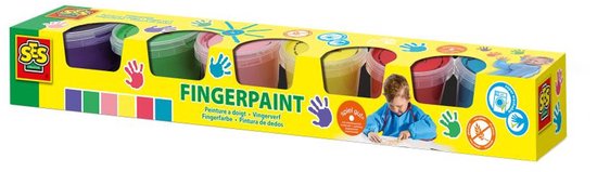 Set de peinture au doigt SES Creative avec 6 pots colorés dans une boîte jaune, incluant l'image d'un enfant peignant.