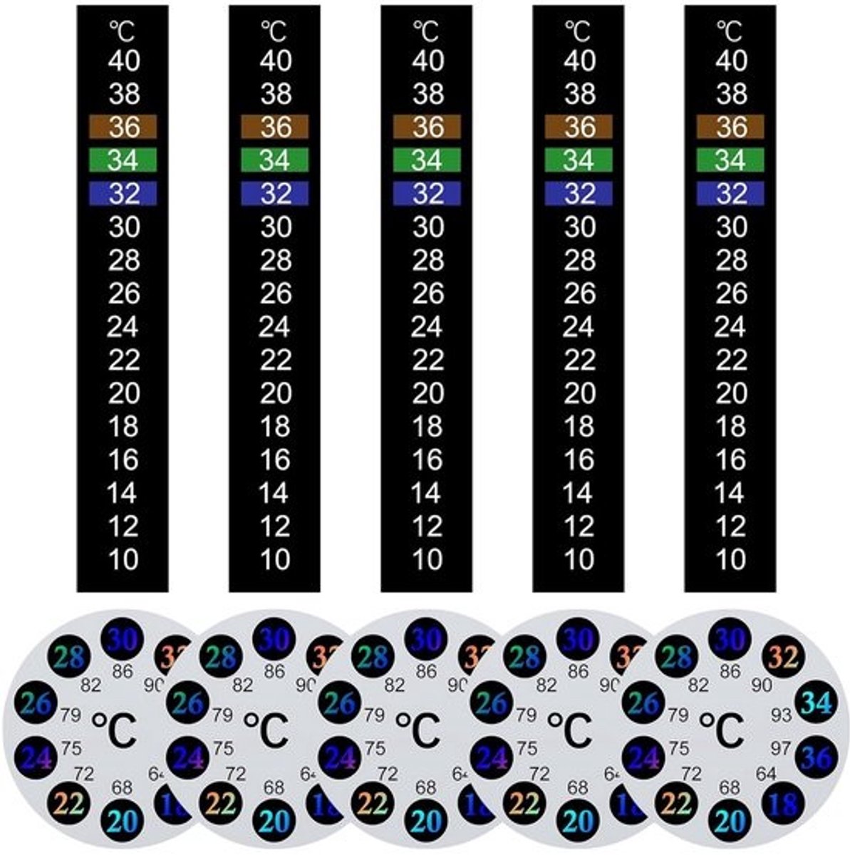 Temperatuurstickers - Weergave met kleurverandering - Voor aquaria en vistanks - Zelfklevend digitaal ontwerp - 10–40 graden - Zwart en grijs