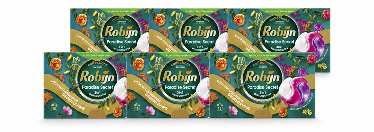 6 x Robijn – 3-in-1 Wascapsules – Paradise Secret - 15 Capsules - Voordeelverpakking - 6 stuks