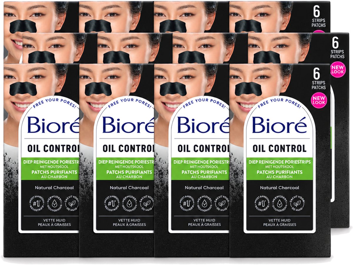 12 x Bioré – Houtskool Neusstrips – Diepreinigend – 6 strips - Voordeelverpakking - 12 stuks