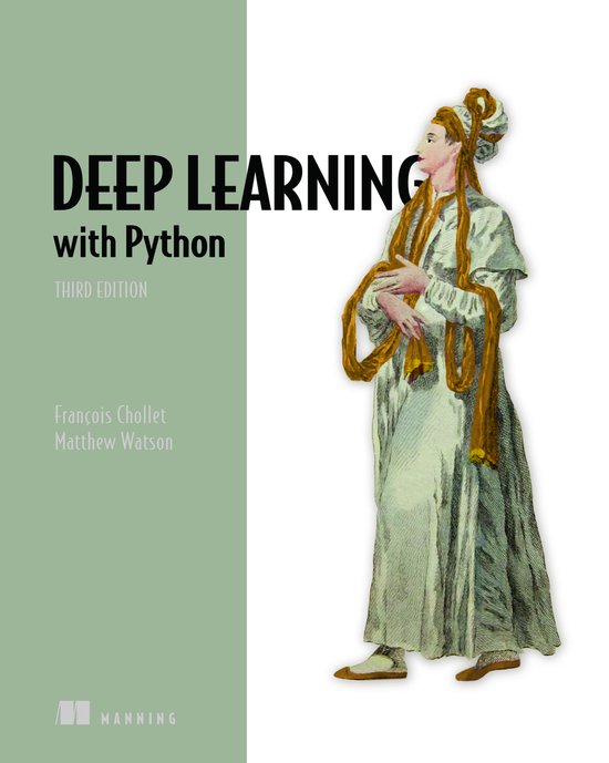 Boek 'Deep Learning with Python, Third Edition' met links een illustratie van een vrouw in historische kledij.