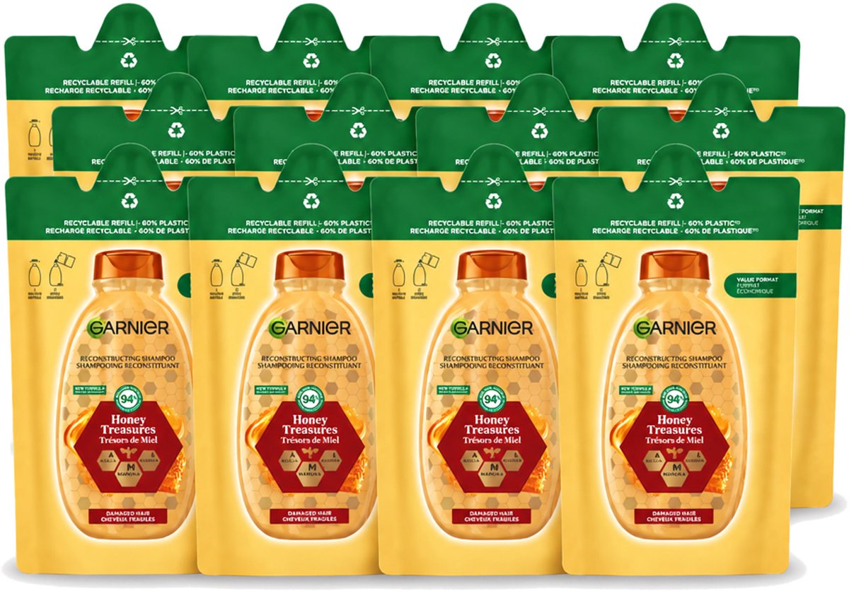 12 x Garnier - Loving Blends - Shampoo Refill - Honing Goud - Beschadigd & Breekbaar Haar - 250 ml - Voordeelverpakking - 12 stuks