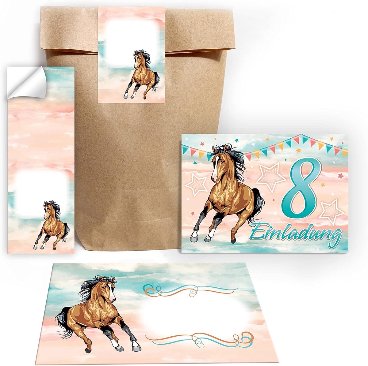 uitnodigingskaarten 8e verjaardag - paarden thema - 12 kaarten met enveloppen - perfect voor feest - ShopVlot