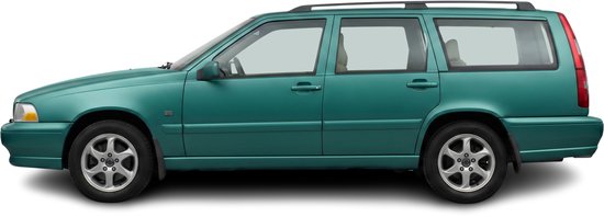 Groene Volvo V70 stationwagen met getinte ramen en dakdragers, op zwarte achtergrond.