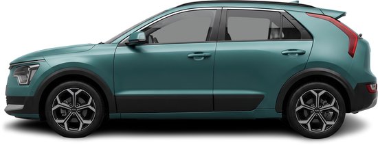 Zijprofiel van een teal-groene Kia Niro met zwart accent rond de ramen en achterspoiler.