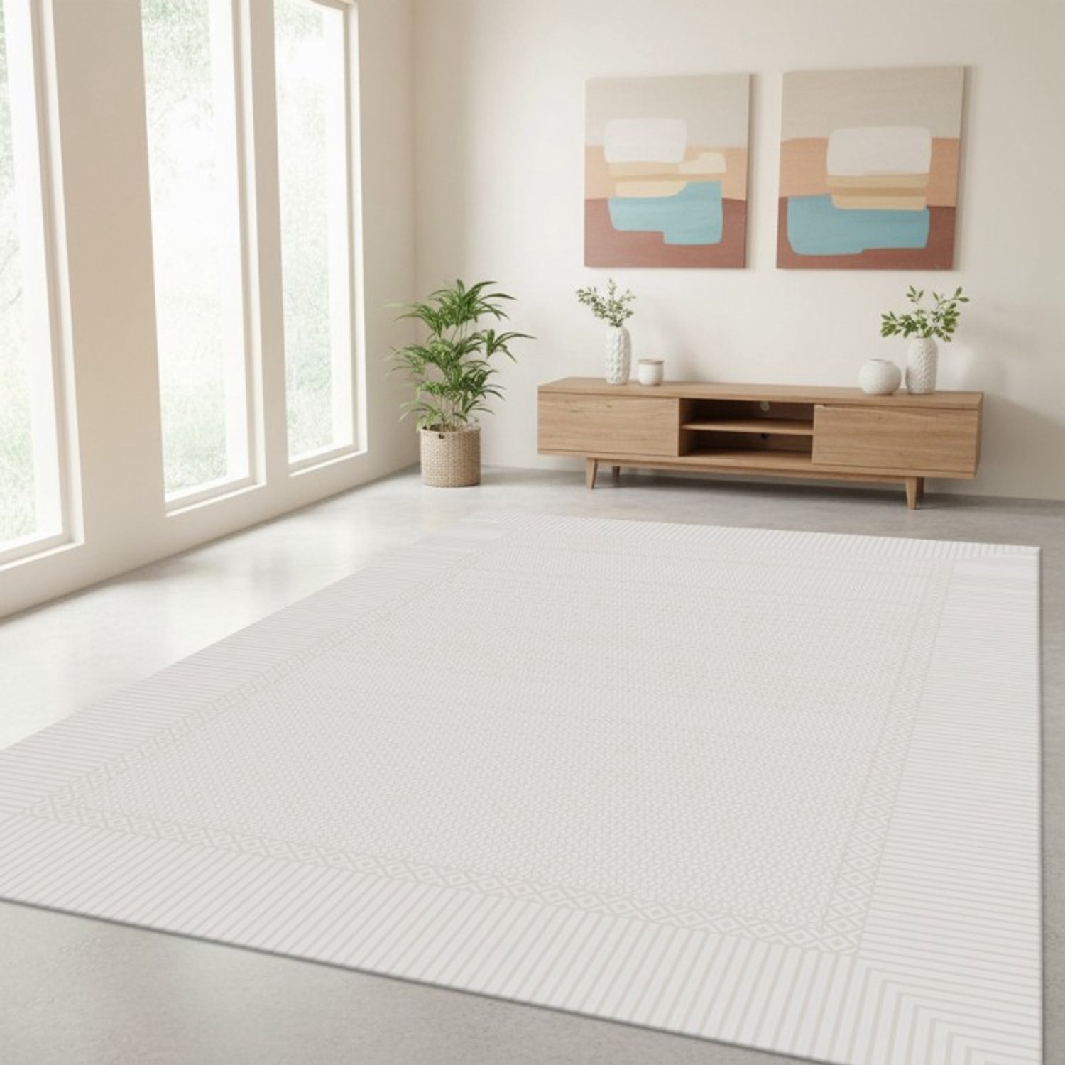 TapisTrend Designer tapijt Beige 200x290 cm Klassiek acryl vloerkleed met een dunne geometrische rand voor de woonkamer, slaapkamer en eetkamer