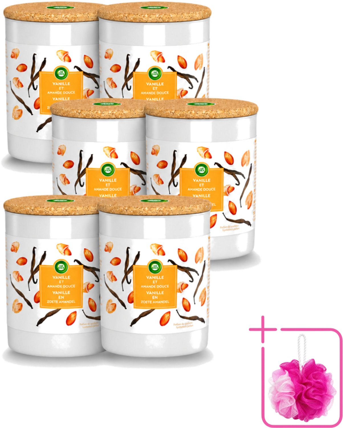 Air Wick 6 x Air Wick - Geurkaars - Vanille & Zoete Amandel - 35 Uur Brandduur - Bulkverpakking - Geurkaars - Douchemop - Vanille Oranje