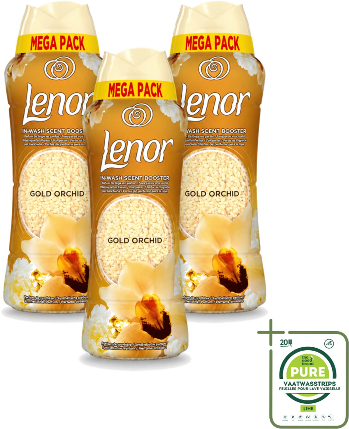 3 x Lenor – Geurparels – Gouden Orchidee – 570 g - Grootverpakking - Vaatwasstrips - Geurparel - Wasgeur - Orchidee - Vanille - Wasgeurparfum