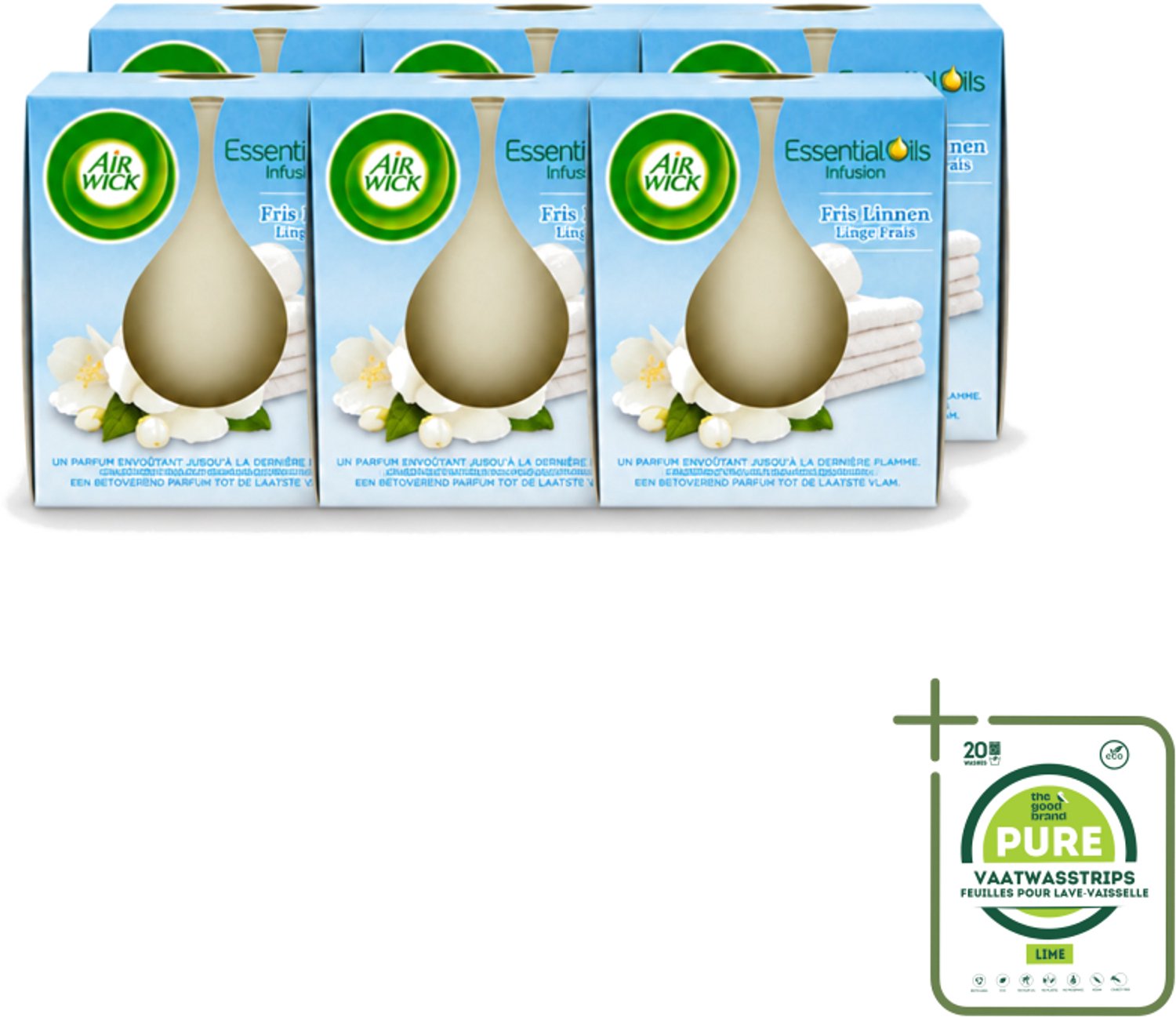Air Wick 6 x Air Wick – Geurkaars – Fris Linnen met Essentiële Oliën – 105 g - Grootverpakking - Vaatwasstrips - Geurkaars - Fris Linnen - Essentiële Oliën - Sfeer In Huis - Warme Sfeer Wit