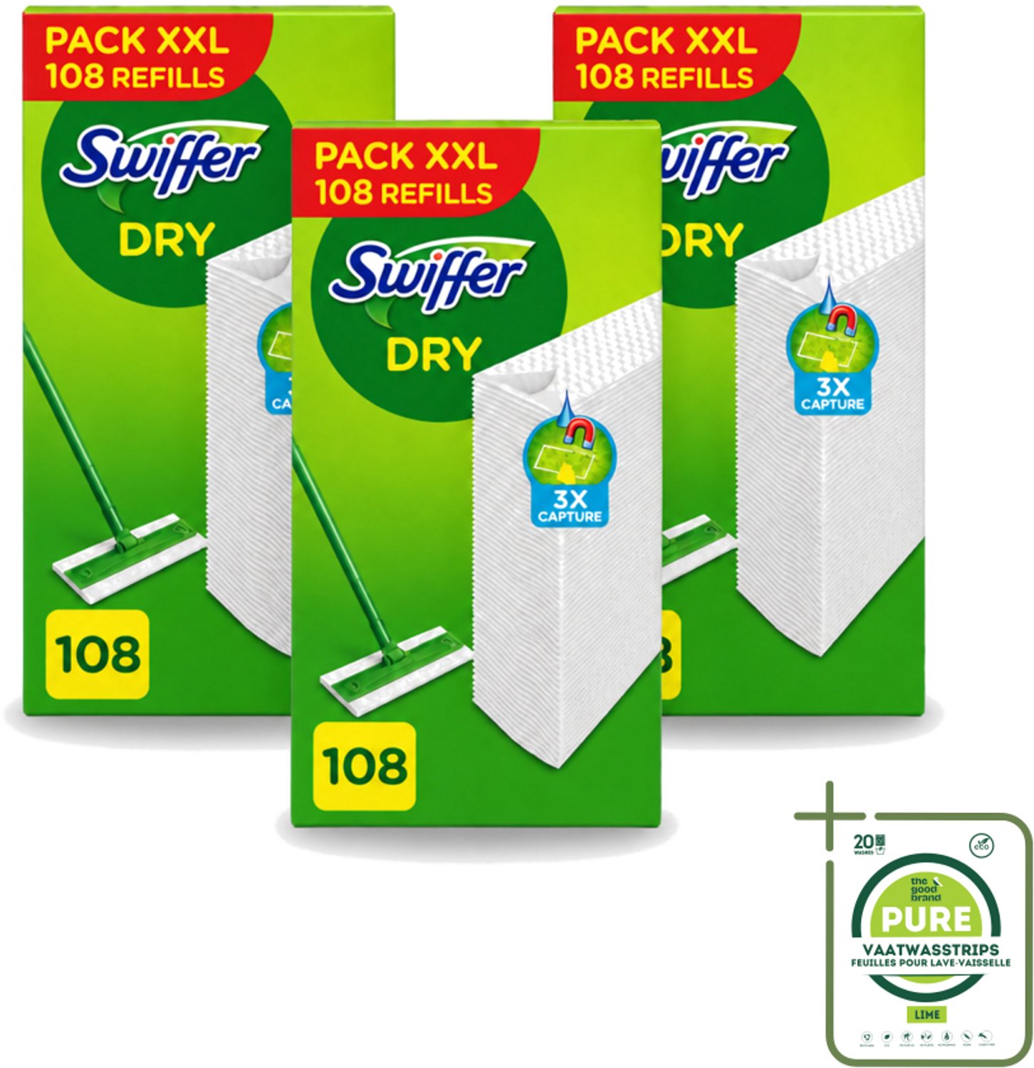 3 x Swiffer – Vloerdoekjes – Dry Navullingen – 108 doekjes - Grootverpakking - Vaatwasstrips - Vloerdoekjes - Schoonmaken - Stofzuigen - Haren Verwijderen - Droge Vloerdoekjes
