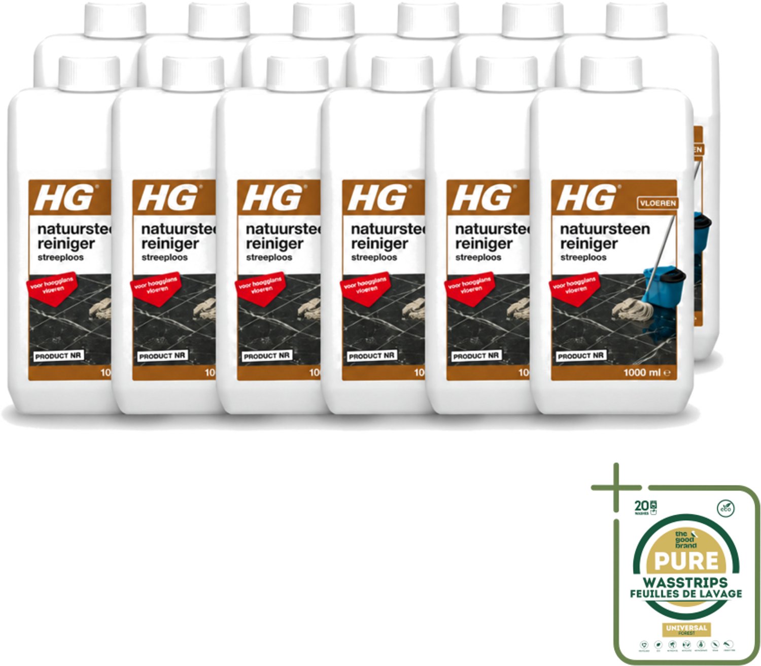 12 x HG - Natuursteenreiniger Streeploos - Voor Hoogglans Vloeren - 20 Dweilbeurten - 1L - Wasstrips - Natuursteen Reinigen - Hoogglans Vloeren Reinigen - Streeploze Reiniger - Natuursteen Vloer Reinigen - Marmer Reinigen