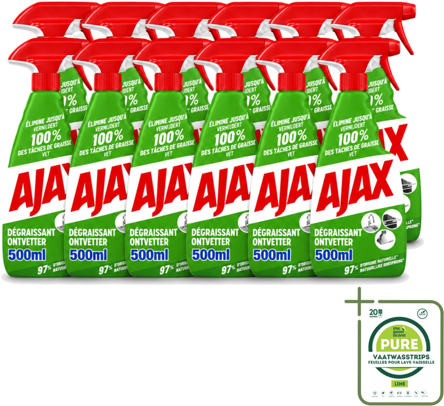 12 x Ajax – Ontvetter Spray – 500 ml - Grootverpakking - Vaatwasstrips - Ajax Ontvetter - Ontvetter Spray 500 Ml - Vet Verwijderen - Keukenreiniger - Krachtige Ontvetter