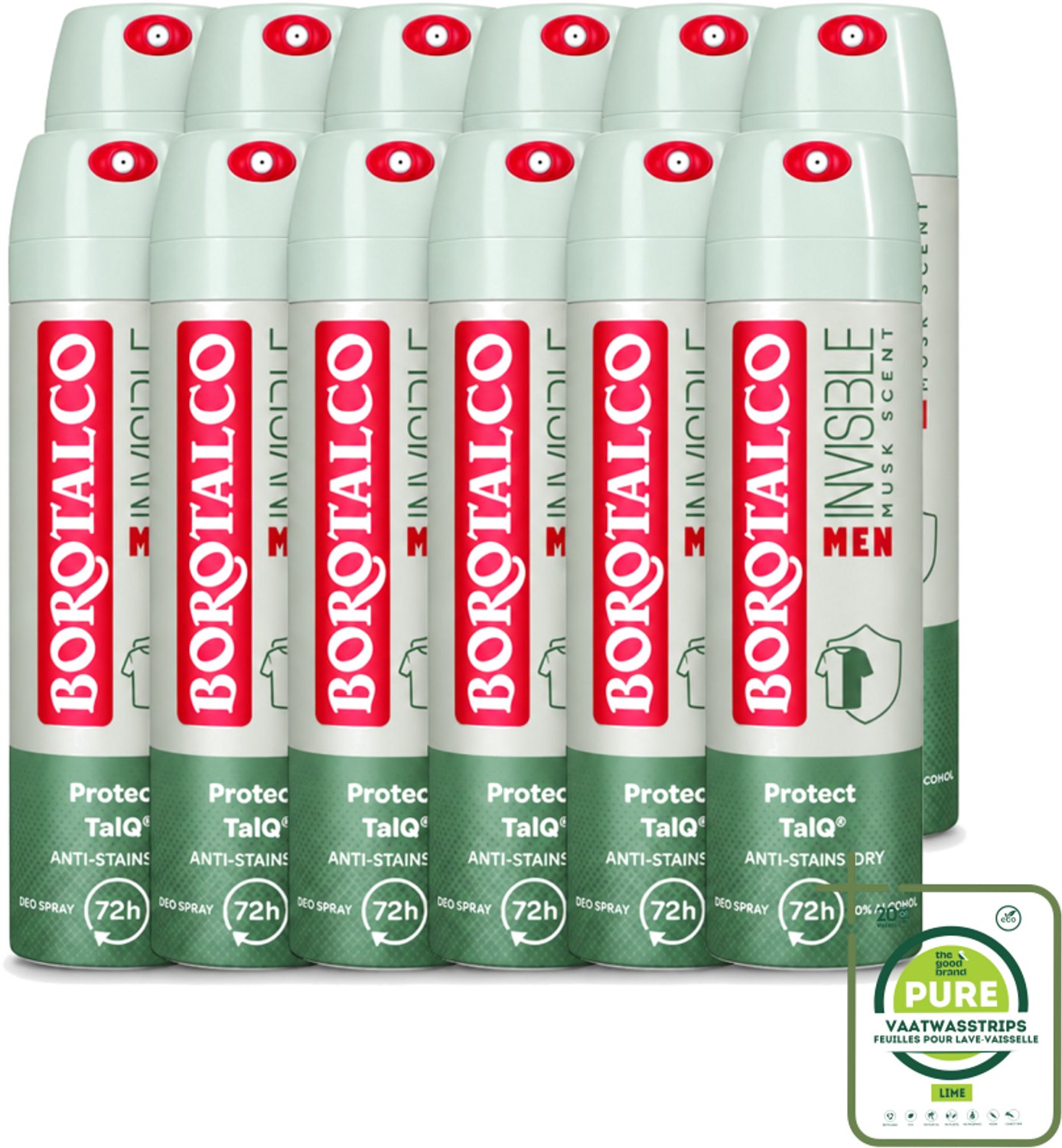 12 x Borotalco – Deodorant Spray – Men Musk Geur – 150 ml - Grootverpakking - Vaatwasstrips - Deodorant Spray - Mannelijke Geur - Musk - Zweetvermindering - Frisse Geur
