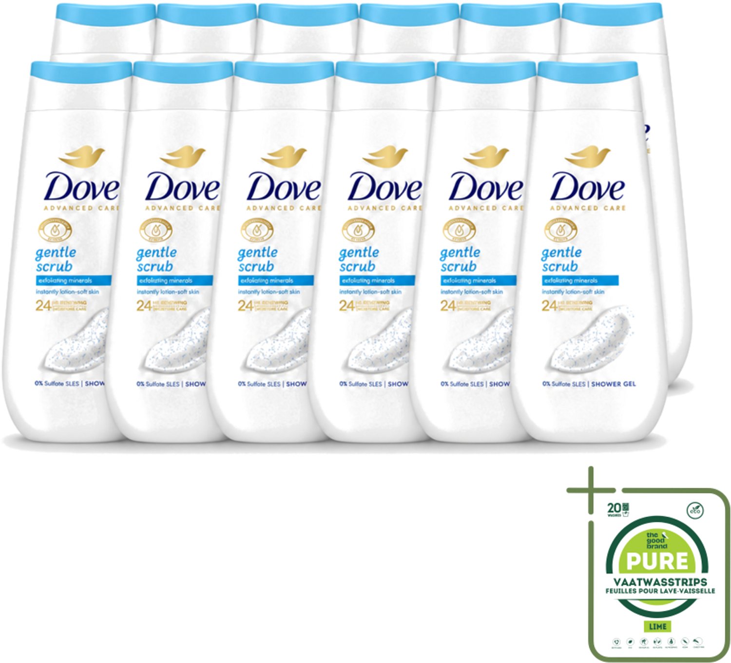 12 x Dove – Douchegel – Advanced Care Gentle Scrub – 225 ml - Grootverpakking - Vaatwasstrips - Douchegel - Exfoliatie - Huidverzorging - Zachte Douchegel - Schuim