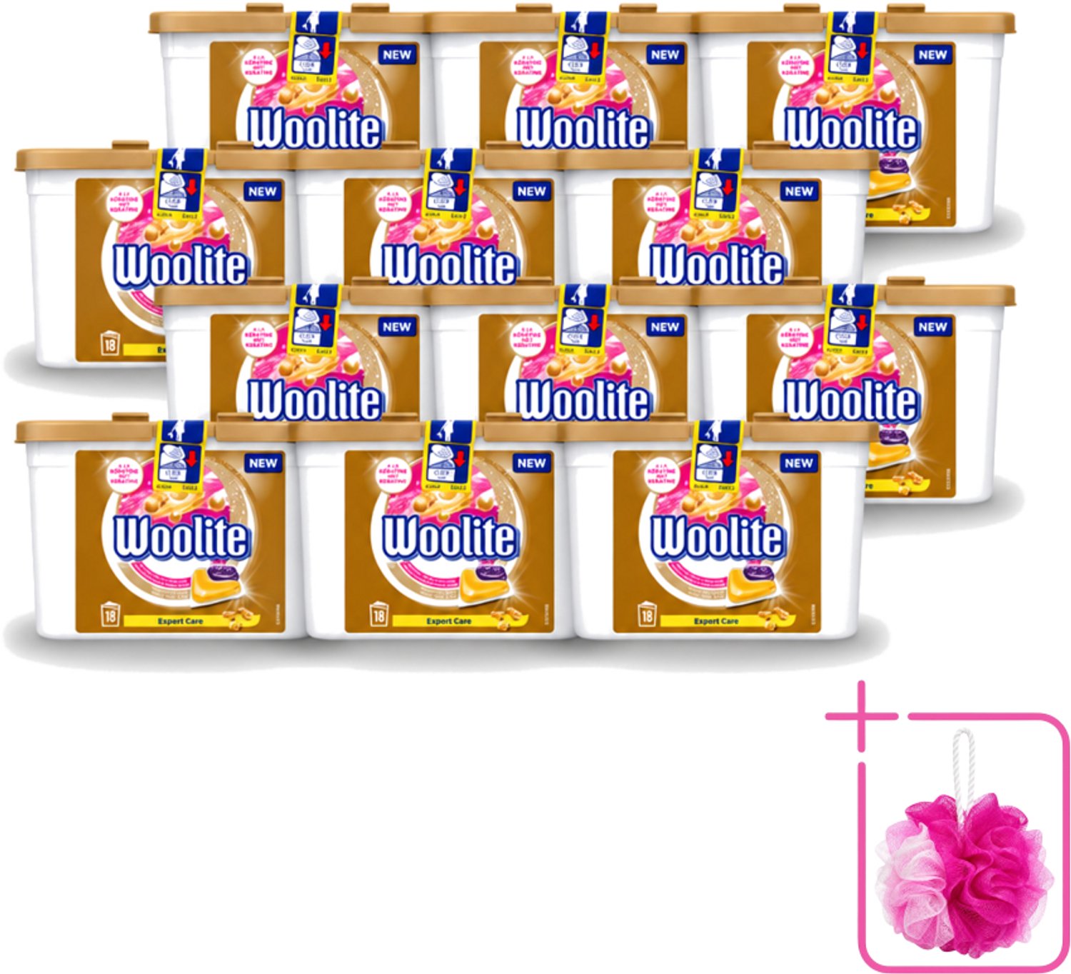 12 x Woolite Expert Care - Wasmiddelcapsules - Met Keratine - Delicate Was - 18 Wasbeurten - Bulkverpakking - Delicate was - Douchemop - Keratine wasmiddel