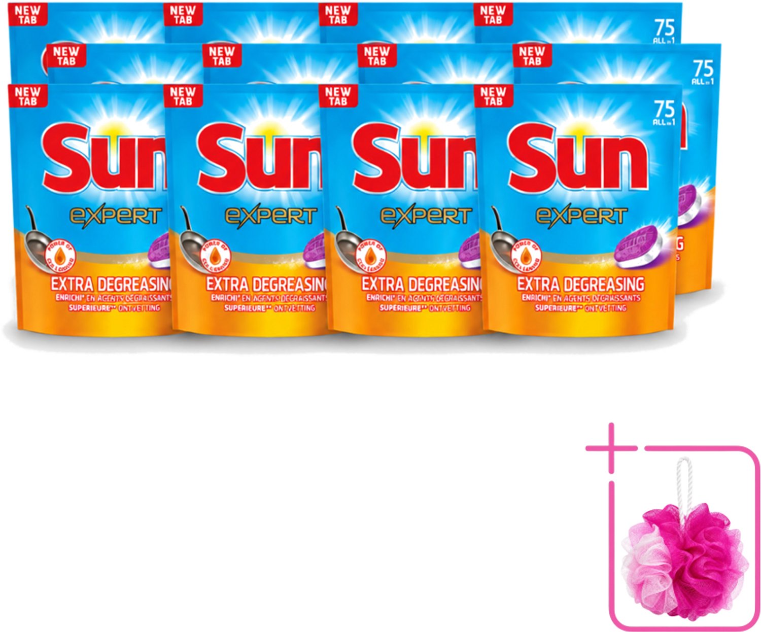 12 x Sun Expert - All-in-1 - Vaatwastabletten - Extra Ontvettend - 75 Tabletten - Bulkverpakking - Vaatwastabletten - Douchemop - Vaatwasmiddel