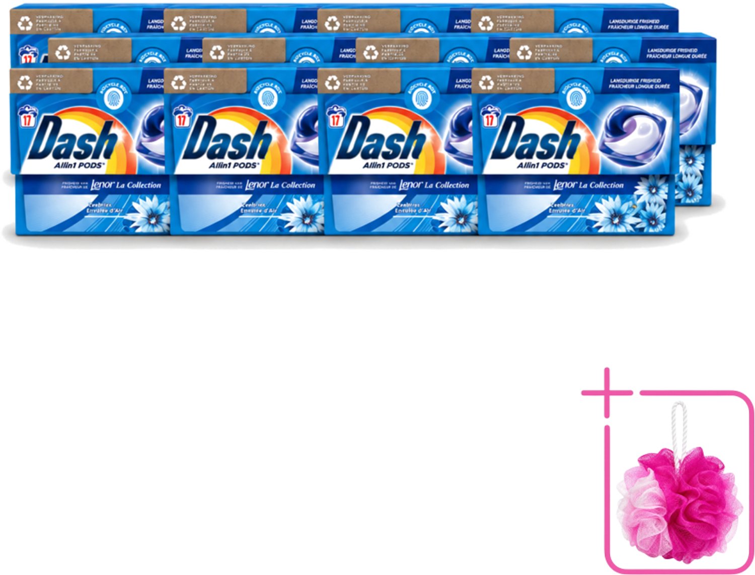 12 x Dash - Lenor Collectie - Wasmiddel Capsules - All-in-1 Pods - Witte en Gekleurde Was - Zeebries - 17 Wasbeurten - Bulkverpakking - Wasmiddel capsules - Douchemop - Zeebries geur