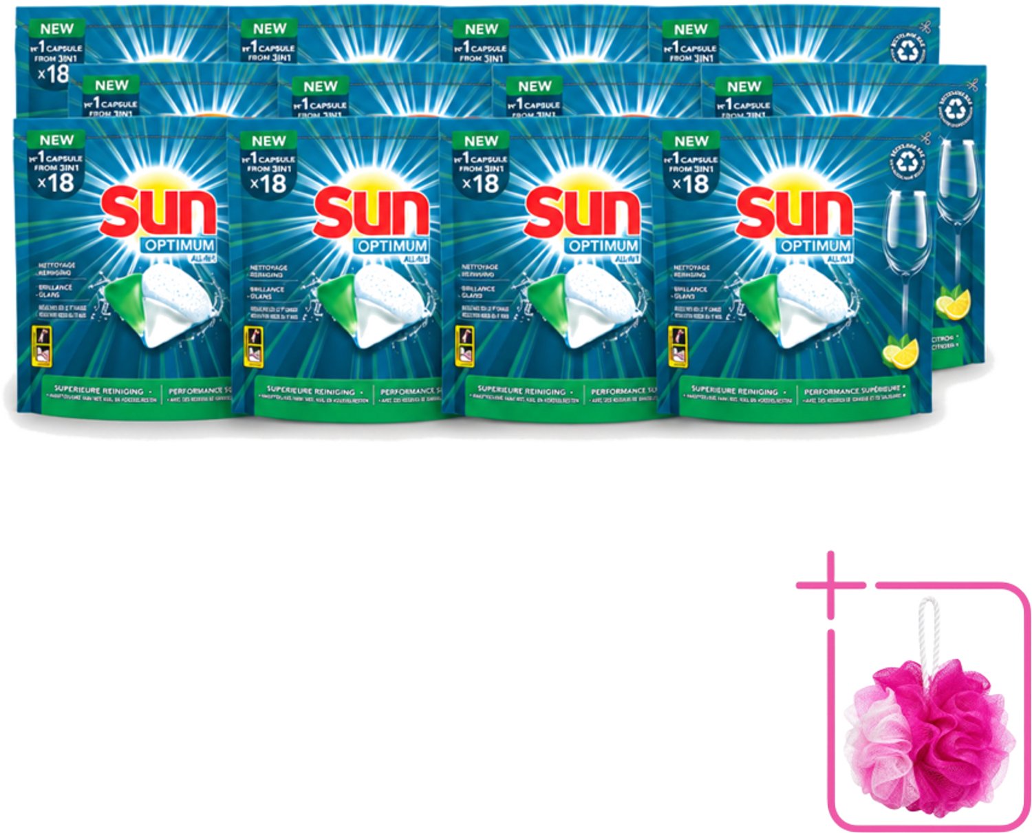 12 x Sun Optimum - All-in-1 - Vaatwasmiddel - Capsules - Citroen - 18 Capsules - Bulkverpakking - Vaatwasmiddel - Douchemop - Vaatwascapsules