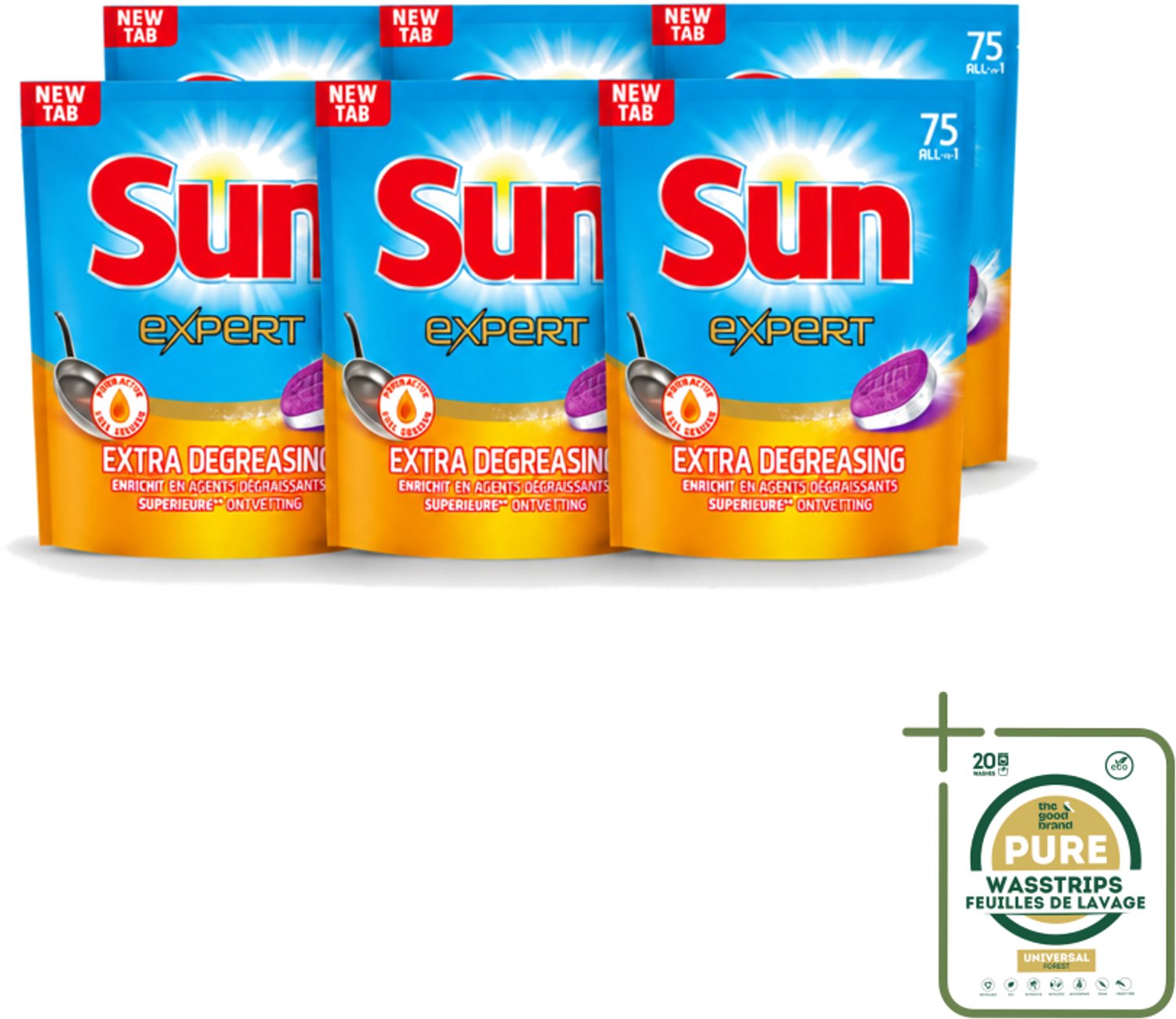 6 x Sun Expert - All-in-1 - Vaatwastabletten - Extra Ontvettend - 75 Tabletten - Wasstrips - Vaatwastabletten - Vaatwasmiddel - Ontvetting - Vaatwasser - Vaat Reinigen