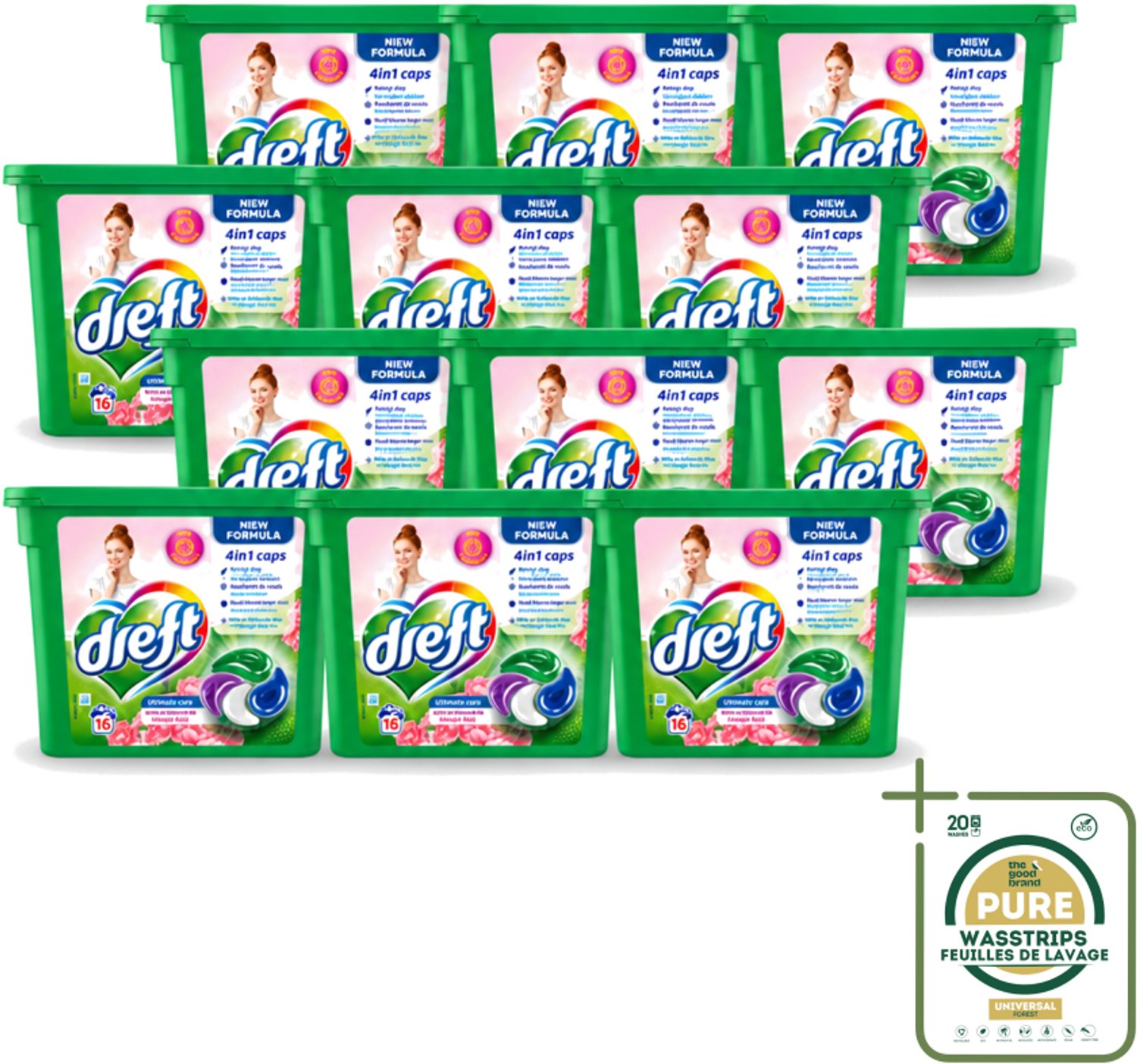 12 x Dreft - Nieuwe Formule - Wasmiddelcapsules 4in1 - Witte en Gekleurde Was - Vleugje Roze - 16 Wasbeurten - Wasstrips - Wasmiddelcapsules - Wasbeurten - Kleurbescherming - Frisheid - Wasgoed