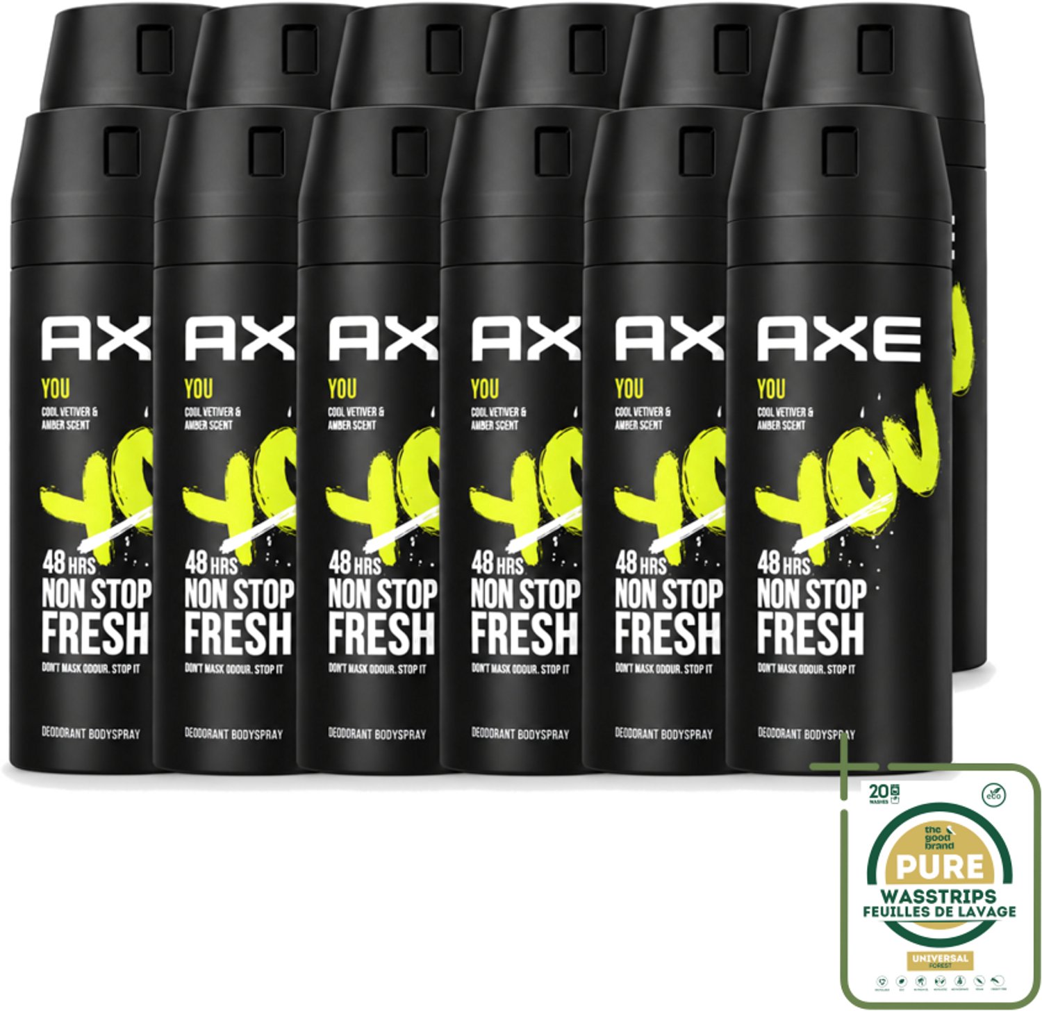 12 x Axe - Deodorant Bodyspray - 48hrs Fresh - You - Cool Vetiver & Amber - 150 ml - Wasstrips - 48 Uur Bescherming - Deodorant Sprayer - Geur Van Amber - Geur Van Vanille - Geur Van Zwarte Peper