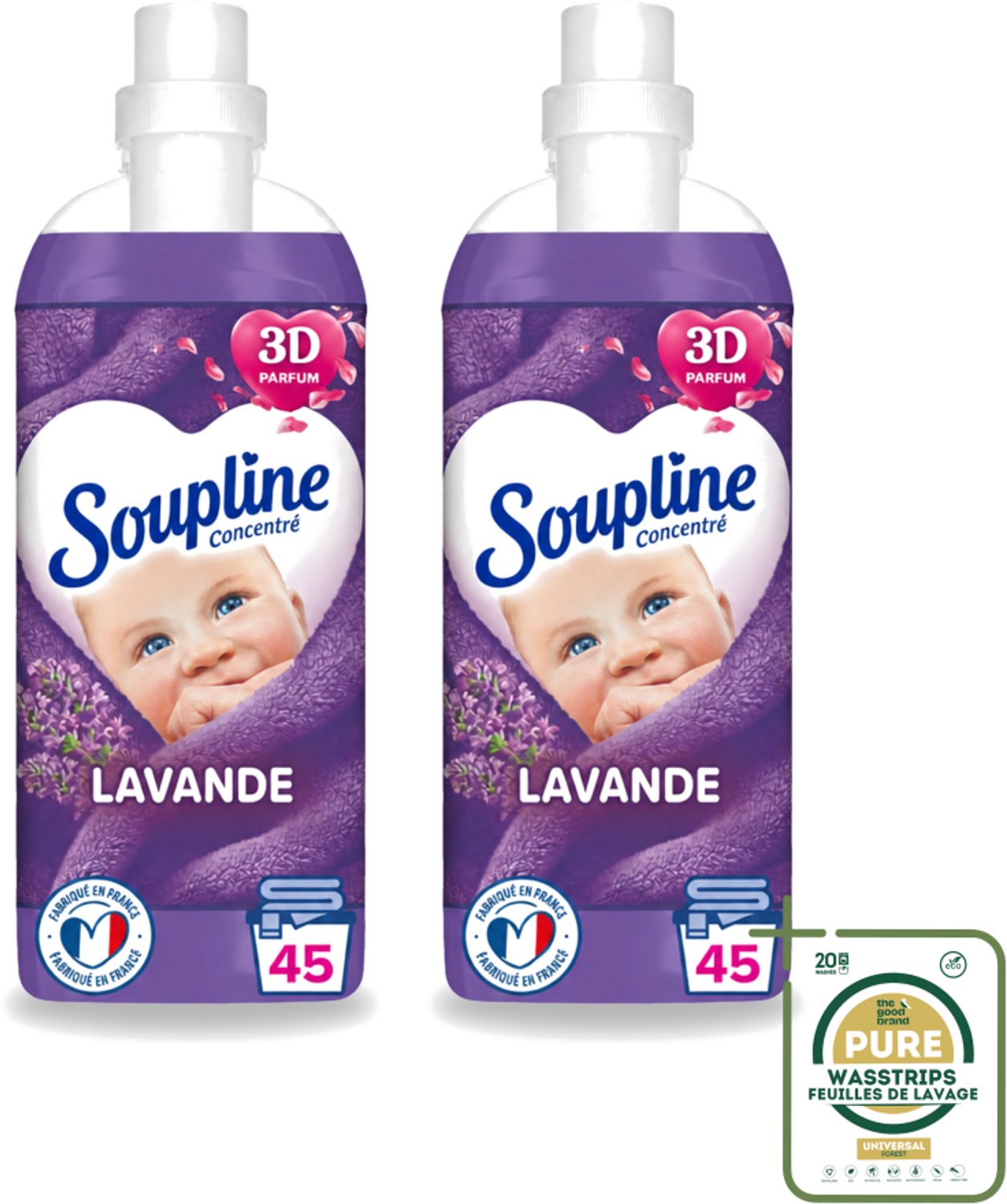 2 x Soupline - Wasverzachter - Lavendel - 45 Wasbeurten - 1L - Wasstrips - Wasverzachter - Wasgoed Verzorgen - Wasresultaat - Wasmachine - Wasverzachter Lentebloesem