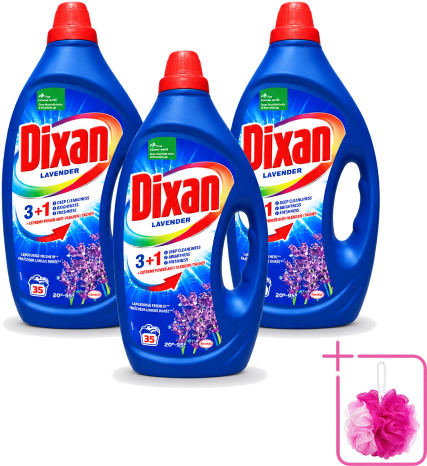 3 x Dixan - Vloeibaar Wasmiddel en Vlekverwijderaar - Witte en Gekleurde Was - Lavendel - 35 Wasbeurten - Bulkverpakking - Vloeibaar wasmiddel - Douchemop - Vlekverwijderaar