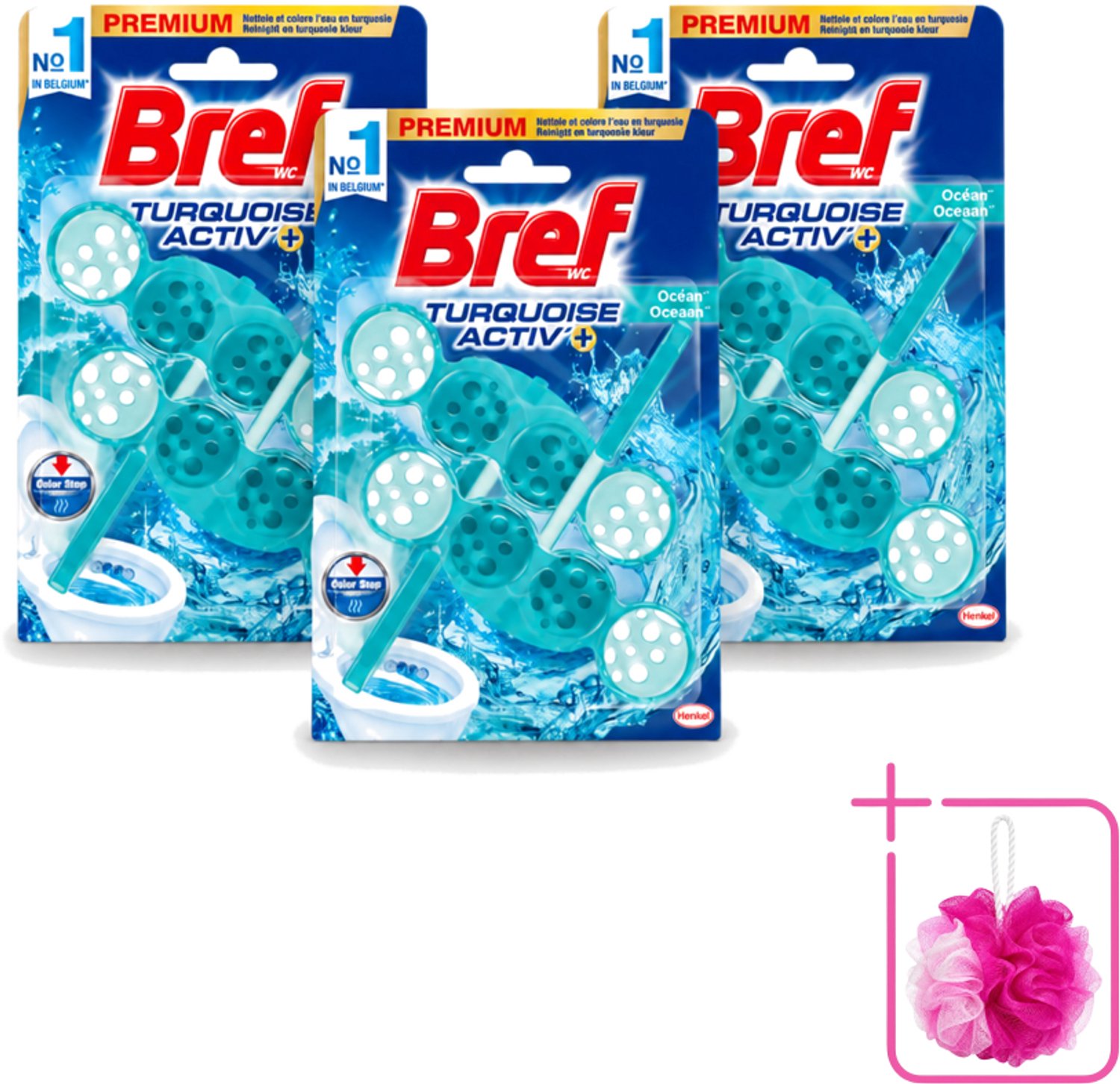 3 x Bref WC - Turquoise Activ+ - Toiletblok - Oceaan - 2 Blokken - Bulkverpakking - Toilet - Douchemop - Toiletblok