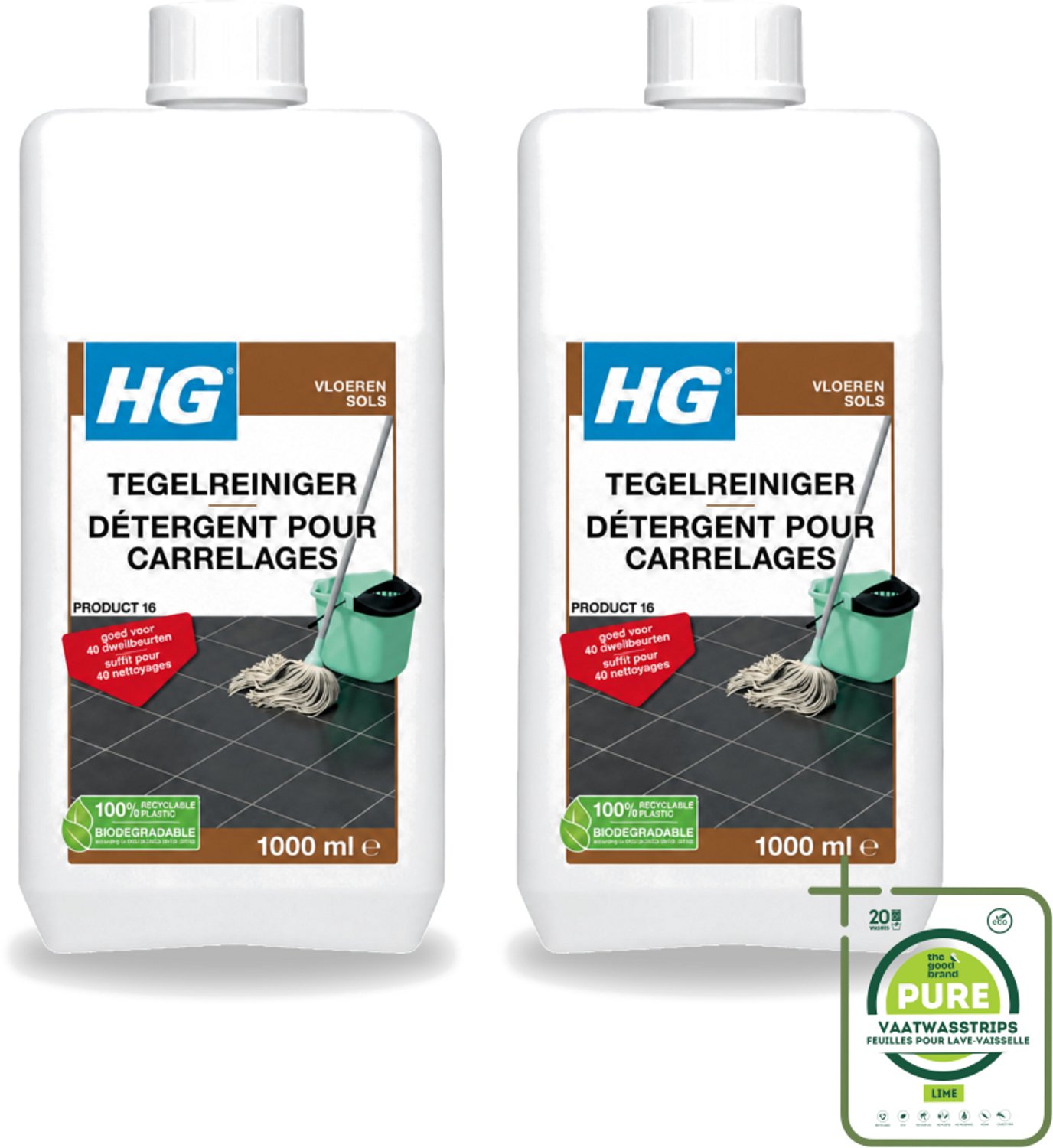 2 x HG - Vloeren - Tegelreiniger - 40 Dweilbeurten - 1L - Grootverpakking - Vaatwasstrips - Tegelreiniger - Vloerreiniger - Dweilreiniger - Tegelvloer - Natuursteen