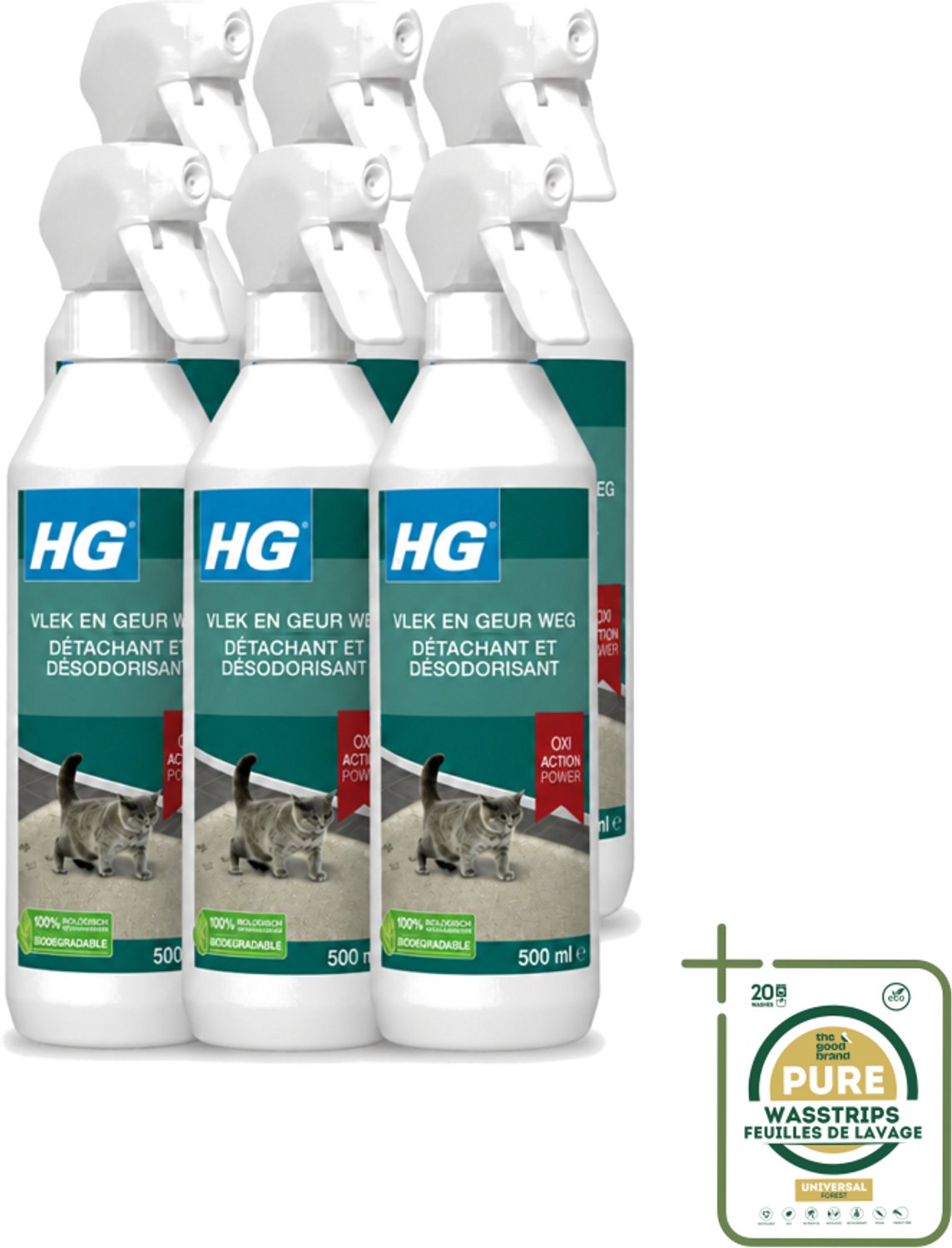 6 x HG - Vlek & Geur Weg - Tegen Kattengeuren- Oxi Action Power - 100% Biologisch - 500 ml - Wasstrips - Vlek Verwijderen - Geur Weg - Katten Vlek - Katten Geur - Tapijt Reinigen