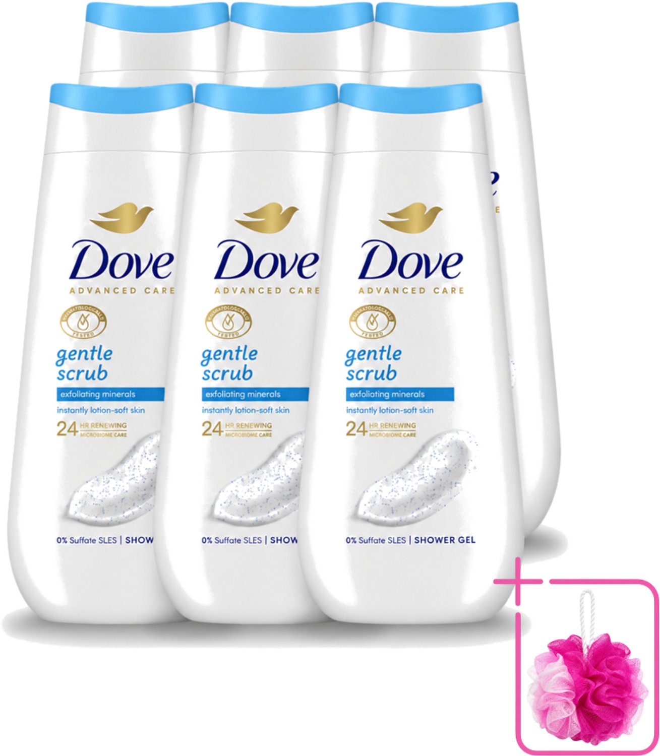 6 x Dove – Douchegel – Advanced Care Gentle Scrub – 225 ml - Bulkverpakking - Douchegel - Douchemop - Exfoliatie