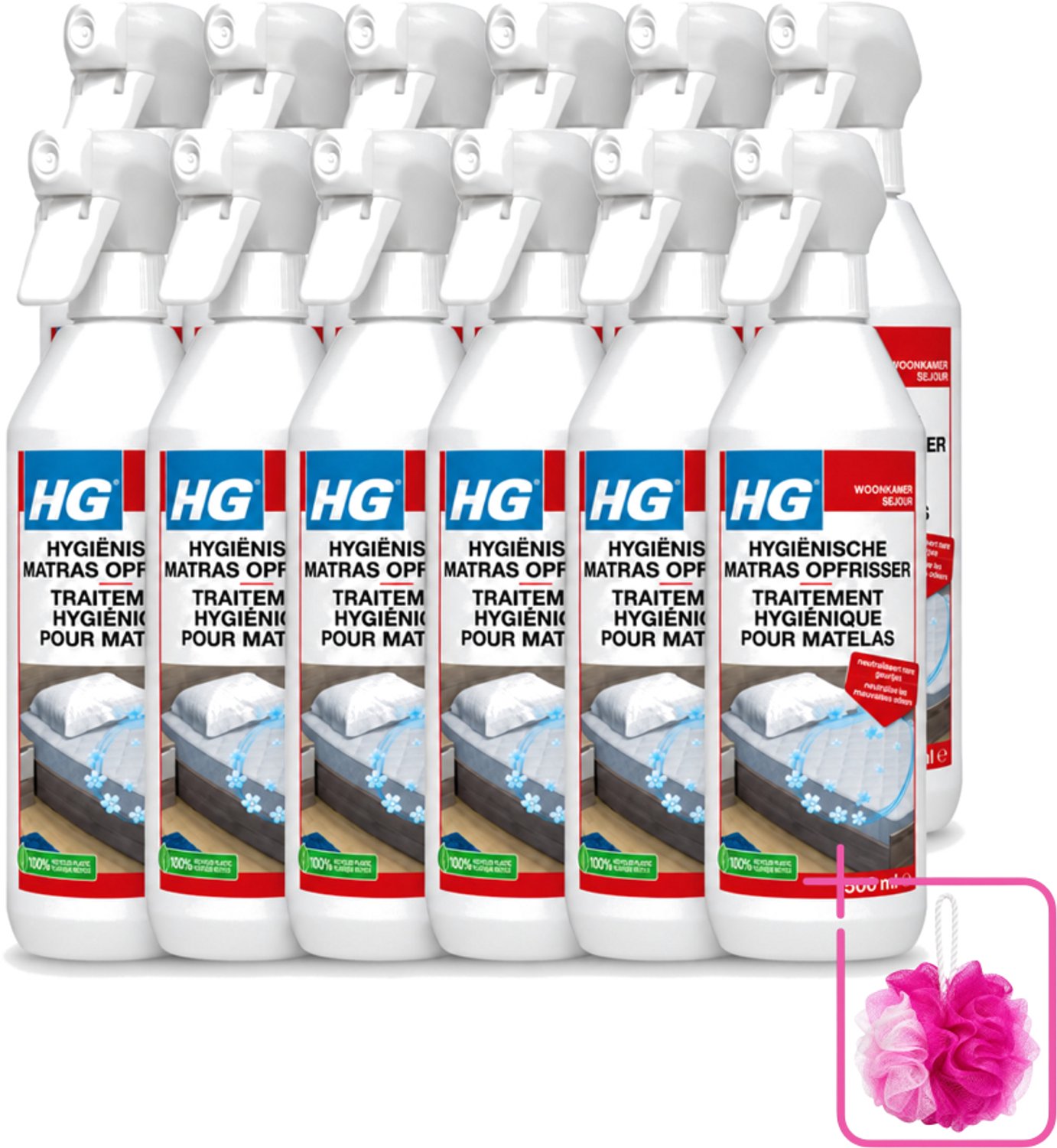12 x HG - Hygiënische Matras Opfrisser - Werkt Na 30 Minuten - Neutraliseert Nare Geurtjes - 500 ml - Bulkverpakking - Matrasopfrisser - Douchemop - Hygiëne