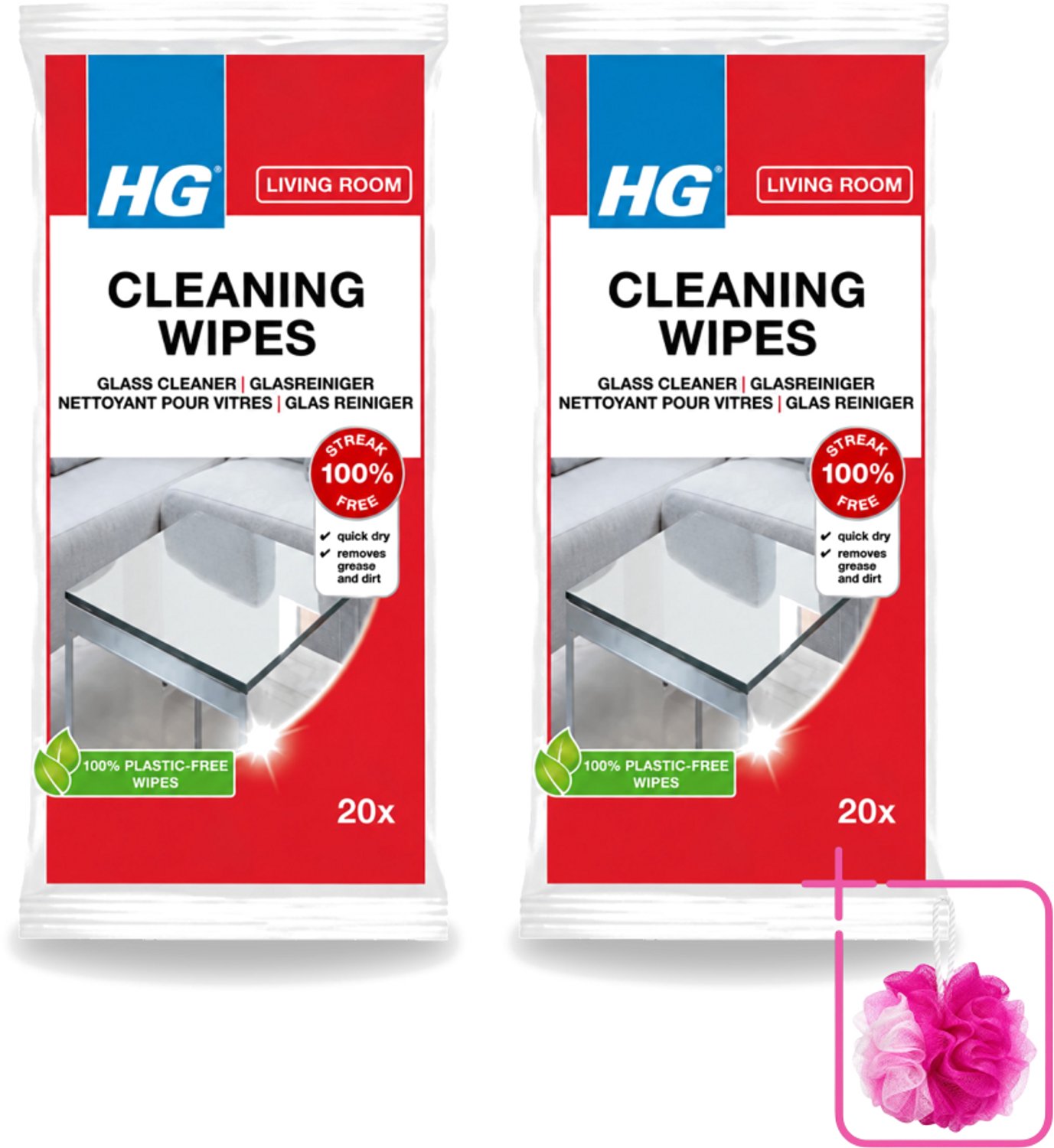 2 x HG - Woonkamer - Glasreinigingsdoekjes - Reinigt Streeploos - 20 Doekjes - Bulkverpakking - Glas reinigen - Douchemop - Spiegel reinigen