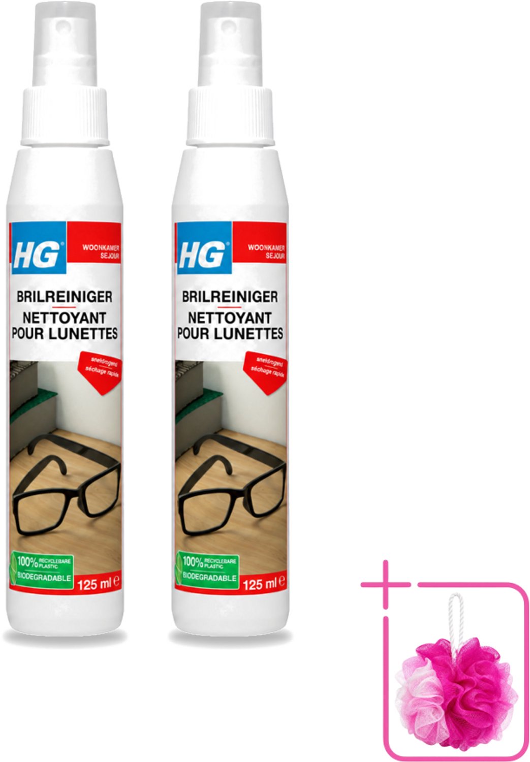 2 x HG - Brilreiniger - Voor Glasheldere Lenzen - 125 ml - Bulkverpakking - Bril reinigen - Douchemop - Glas reinigen