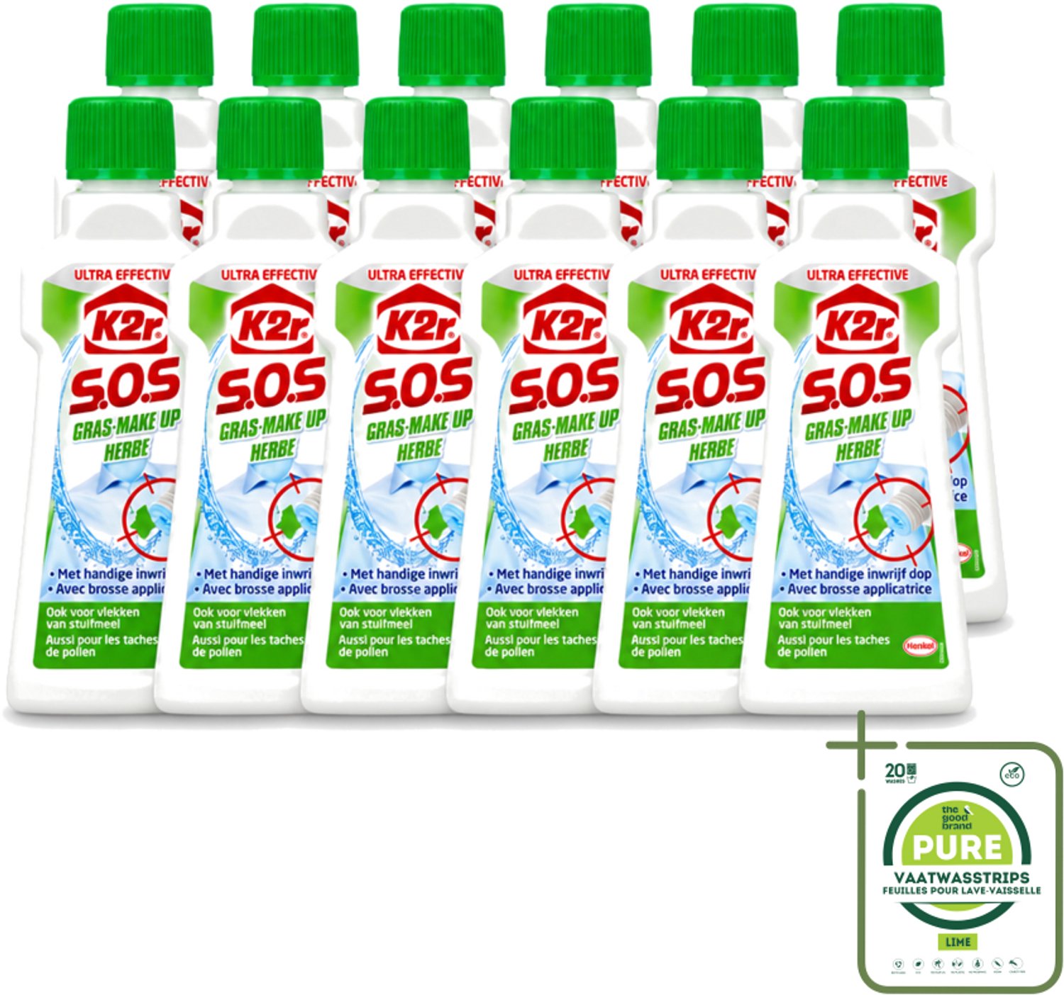 12 x K2R - SOS Vlekverwijderaar - Gras & Make-up - 50ml - Grootverpakking - Vaatwasstrips - Vlekverwijderaar - Grasvlek - Make-upvlek - Textielverwijderaar - Vlekken Verwijderen