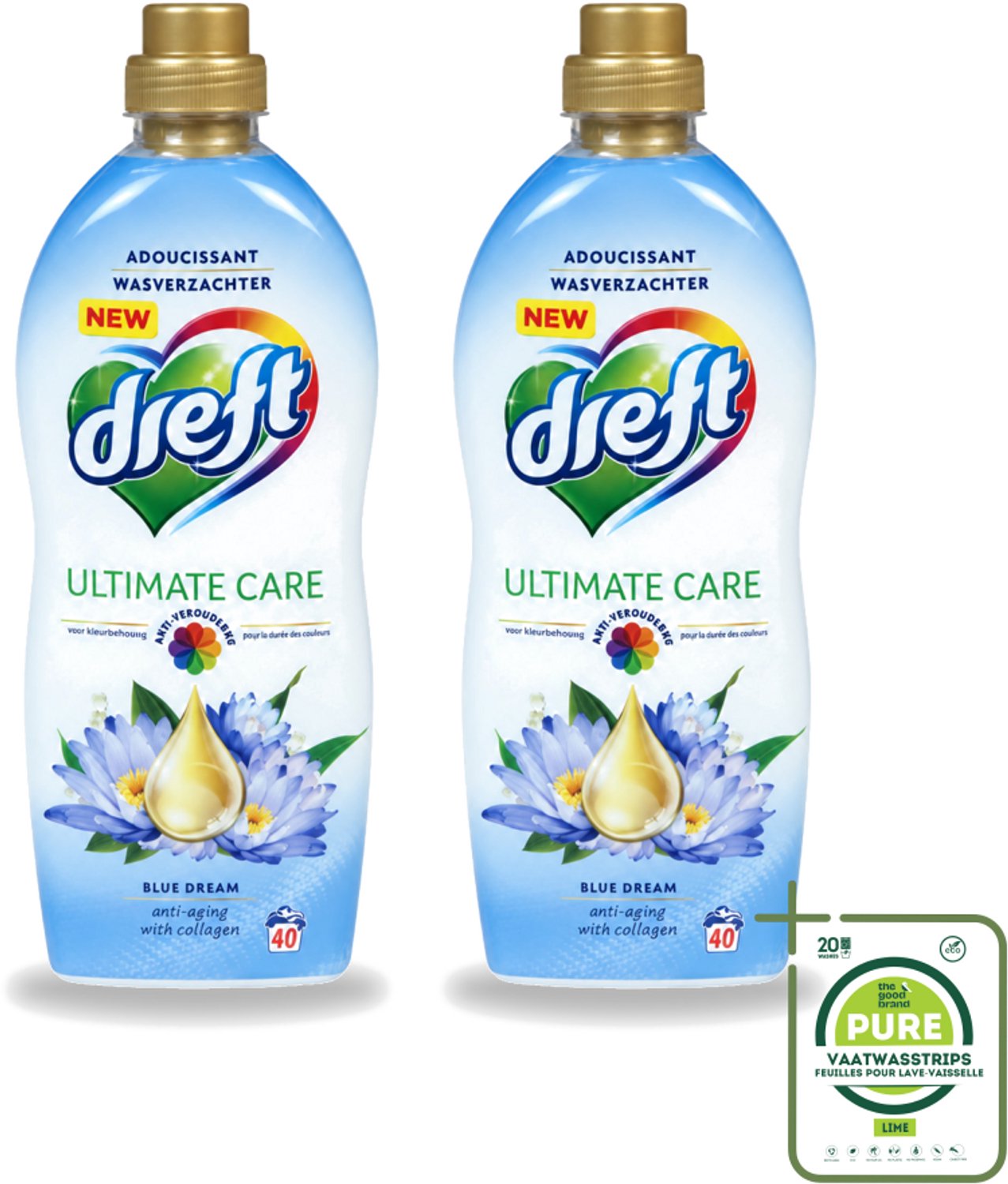2 x Dreft - Wasverzachter - Gekleurde Was - Blauwe Droom - Anti-Veroudering - 40 Wasbeurten - Grootverpakking - Vaatwasstrips - Wasverzachter - Anti-aging - Kleurbescherming - Wasgoed - Kleding Verzorging