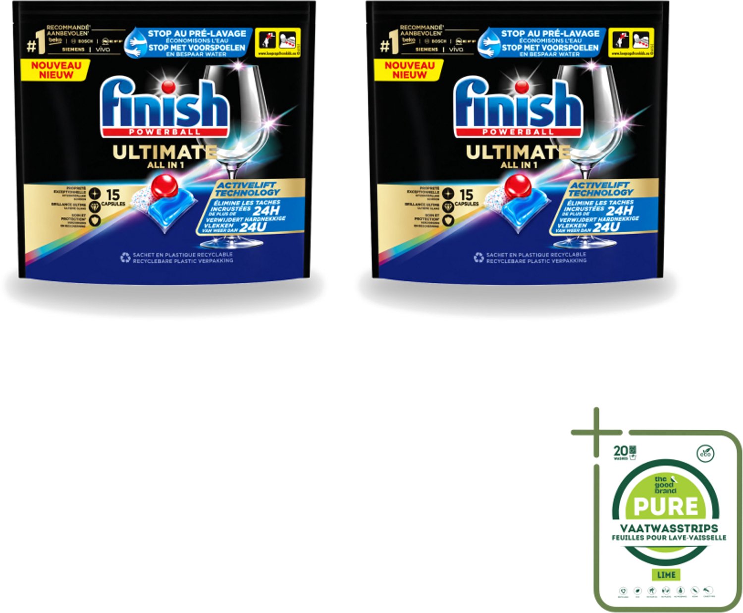 2 x Finish Powerball - Ultimate All in 1 - Vaatwastabletten - Activelift - 15 Capsules - Grootverpakking - Vaatwasstrips - Vaatwastabletten - Activelift - Reiniging - Glans - Vaatwassen