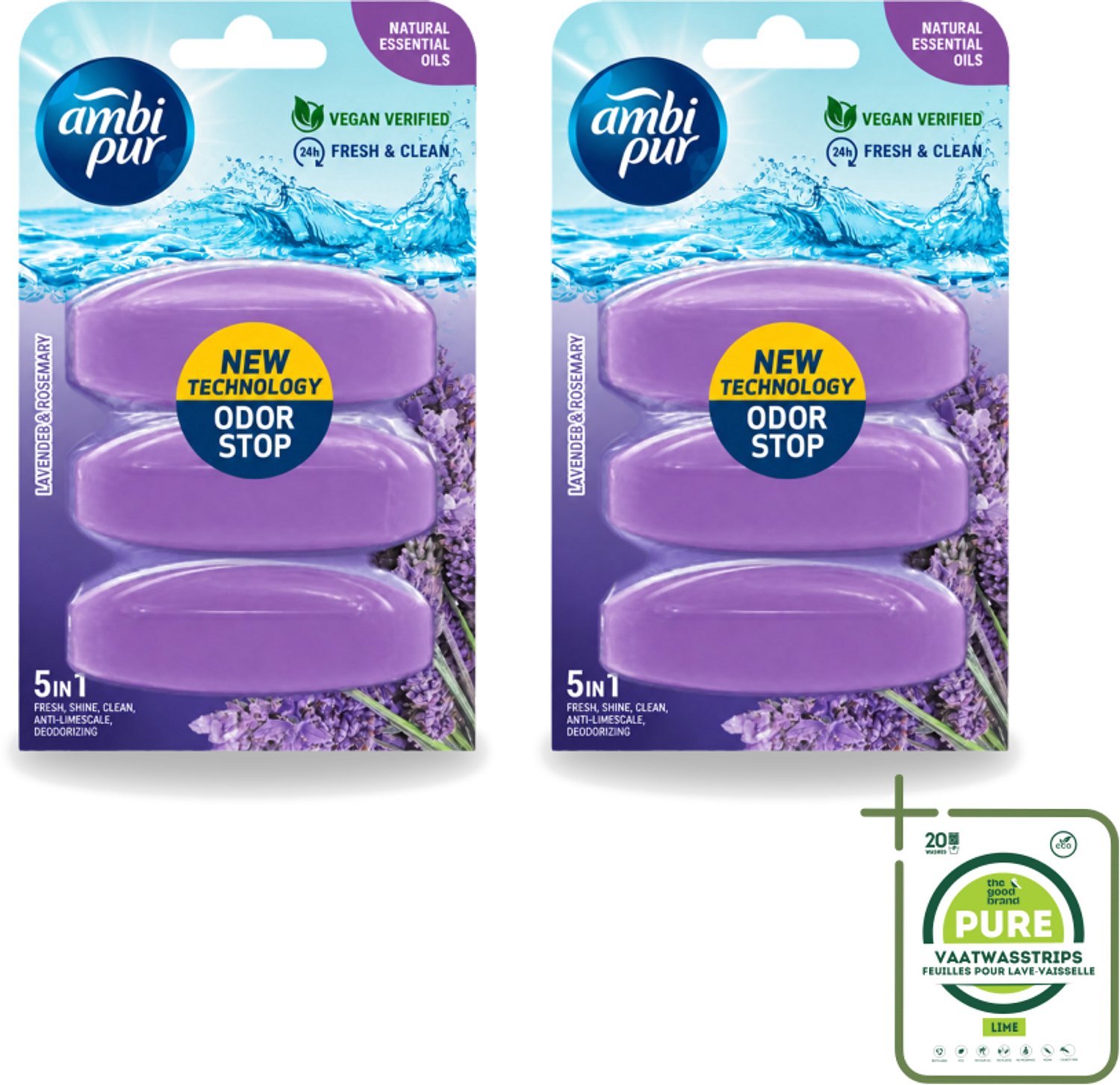 2 x Ambi Pur - Navulling Toiletblok - Lavendel & Rozemarijn - 3 Blokken - Grootverpakking - Vaatwasstrips - Toiletblok Navulling - Reinigingsvulling - Frisse Toiletomgeving - Lavendel En Rozemarijn - Hygiëne