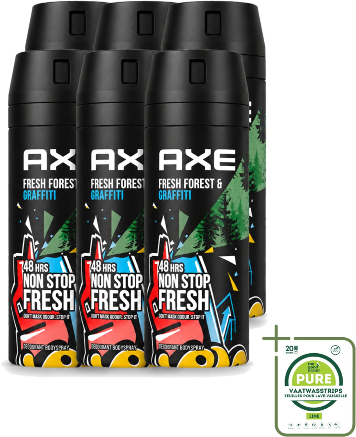 6 x Axe - Deodorant Bodyspray - 48hrs Fresh - Fresh Forest & Graffiti - 150 ml - Grootverpakking - Vaatwasstrips - 48 Uur Bescherming - Deodorant Sprayer - Frisheid - Geur - Zweet