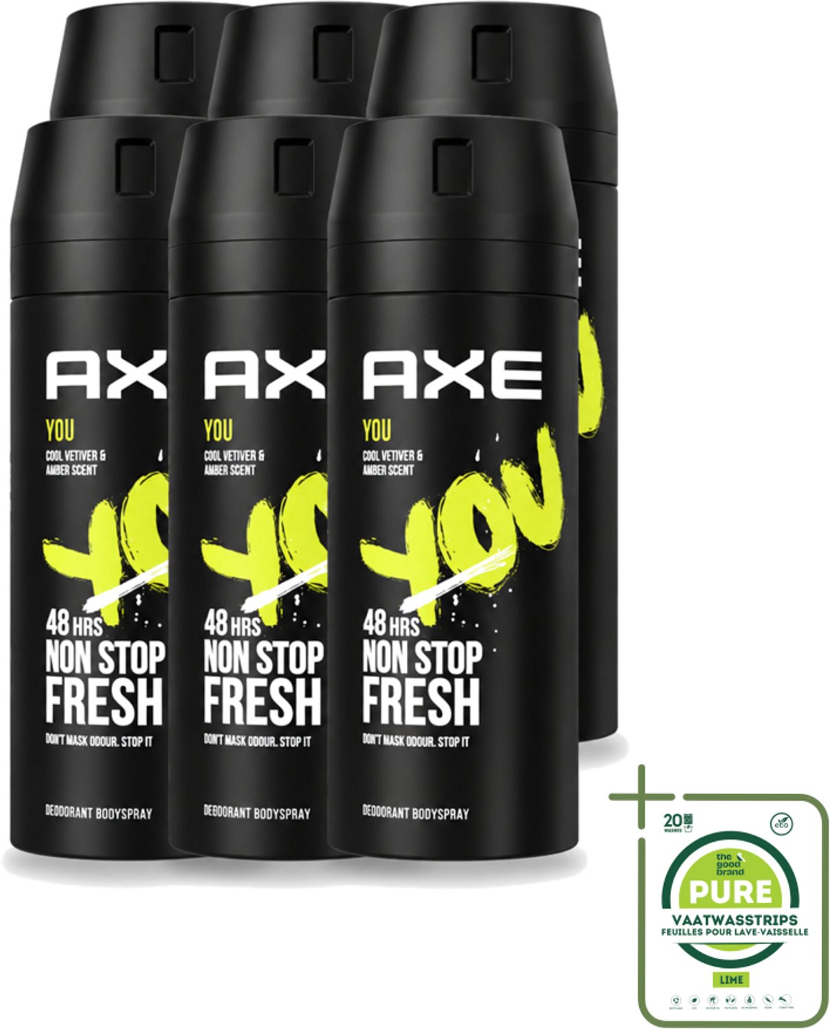 6 x Axe - Deodorant Bodyspray - 48hrs Fresh - You - Cool Vetiver & Amber - 150 ml - Grootverpakking - Vaatwasstrips - 48 Uur Bescherming - Deodorant Sprayer - Geur Van Amber - Geur Van Vanille - Geur Van Zwarte Peper
