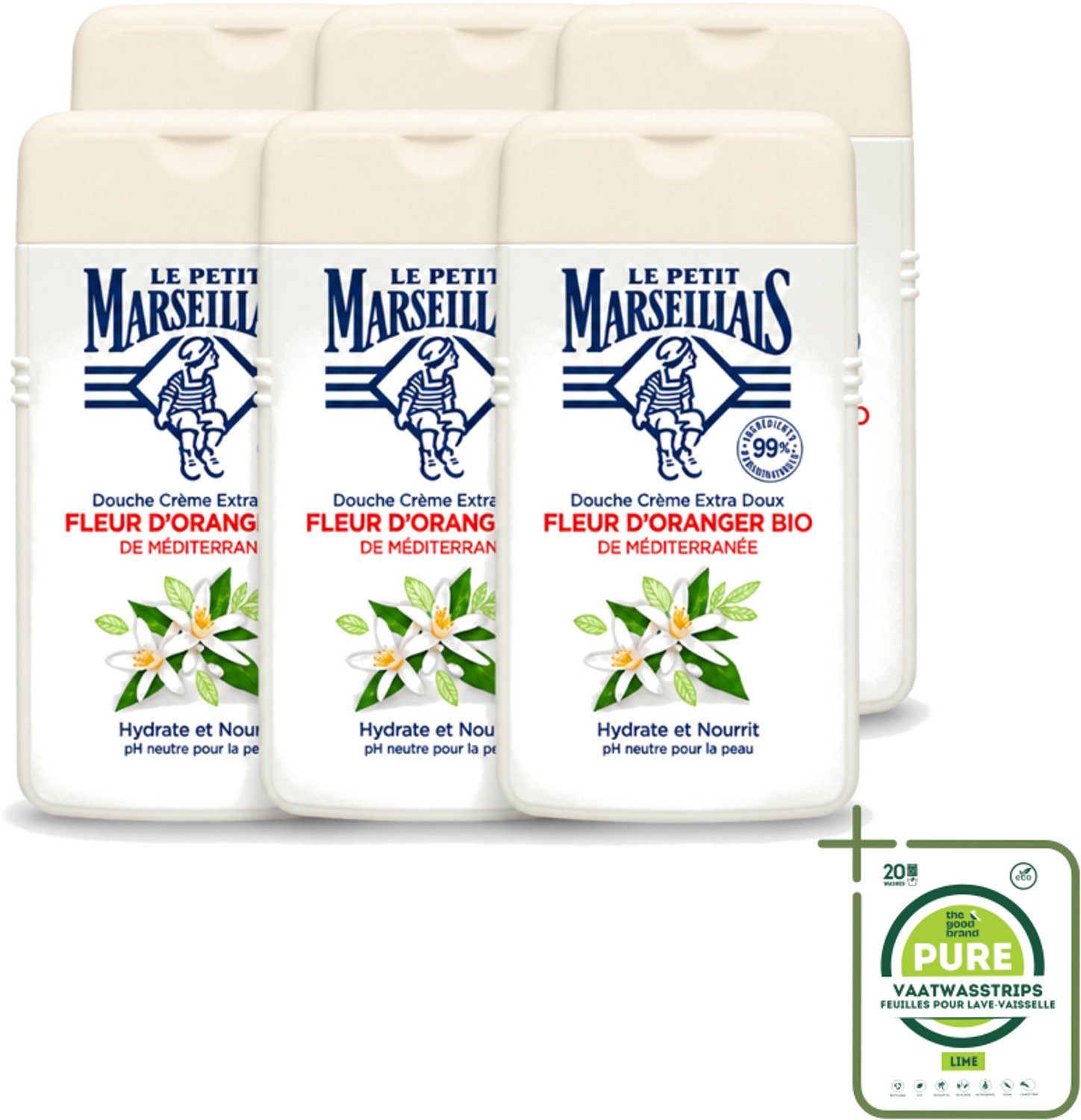6 x Le Petit Marseillais - Douchecrème - Oranjebloesem - Hydraterend - 250ml - Grootverpakking - Vaatwasstrips - Douchecrème - Hydraterende Douchecrème - Oranjebloesem - Huidverzorging - Milieuvriendelijke Douchecrème