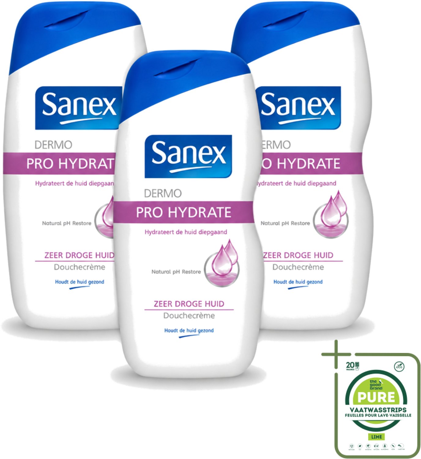 3 x Sanex Dermo - Pro Hydraterend - Douchecrème - Zeer Droge Huid - 500 ml - Grootverpakking - Vaatwasstrips - Hydratatie Huid - Droge Huid - Douchecrème - Huidbescherming - Dermo Active 3 Complex