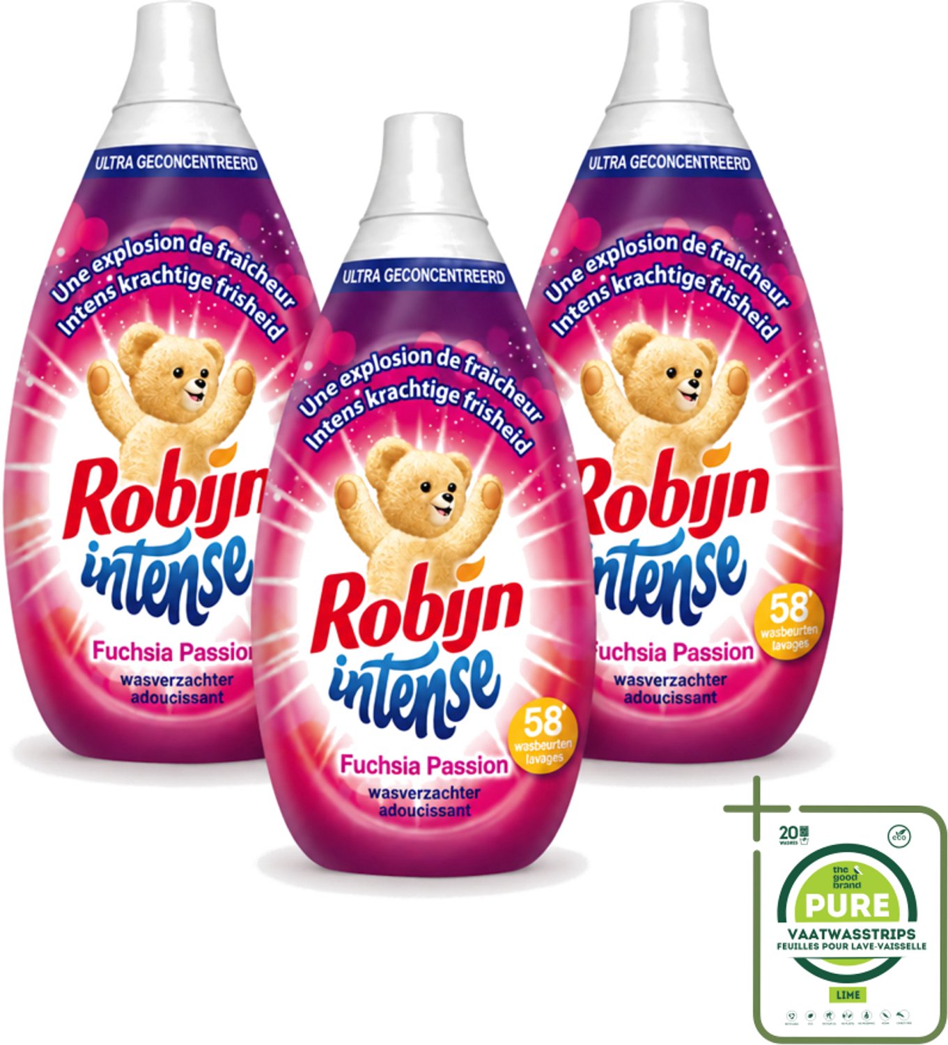 3 x Robijn Intense - Wasverzachter - Intense Fuchsia Passion - 870ml - 58 Wasbeurten - Grootverpakking - Vaatwasstrips - Wasverzachter - Wasverzachter Fuchsia Passion - Wasverzachter Robijn Intense - Wasverzachter Fuchsia - Wasverzachter Voor Kleding
